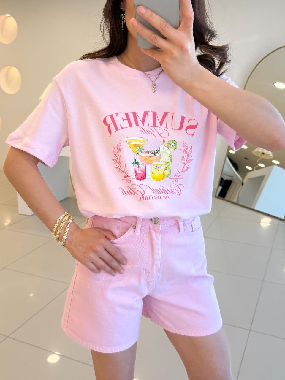 ÖNÜ BASKILI SUMMER TSHIRT PEMBE