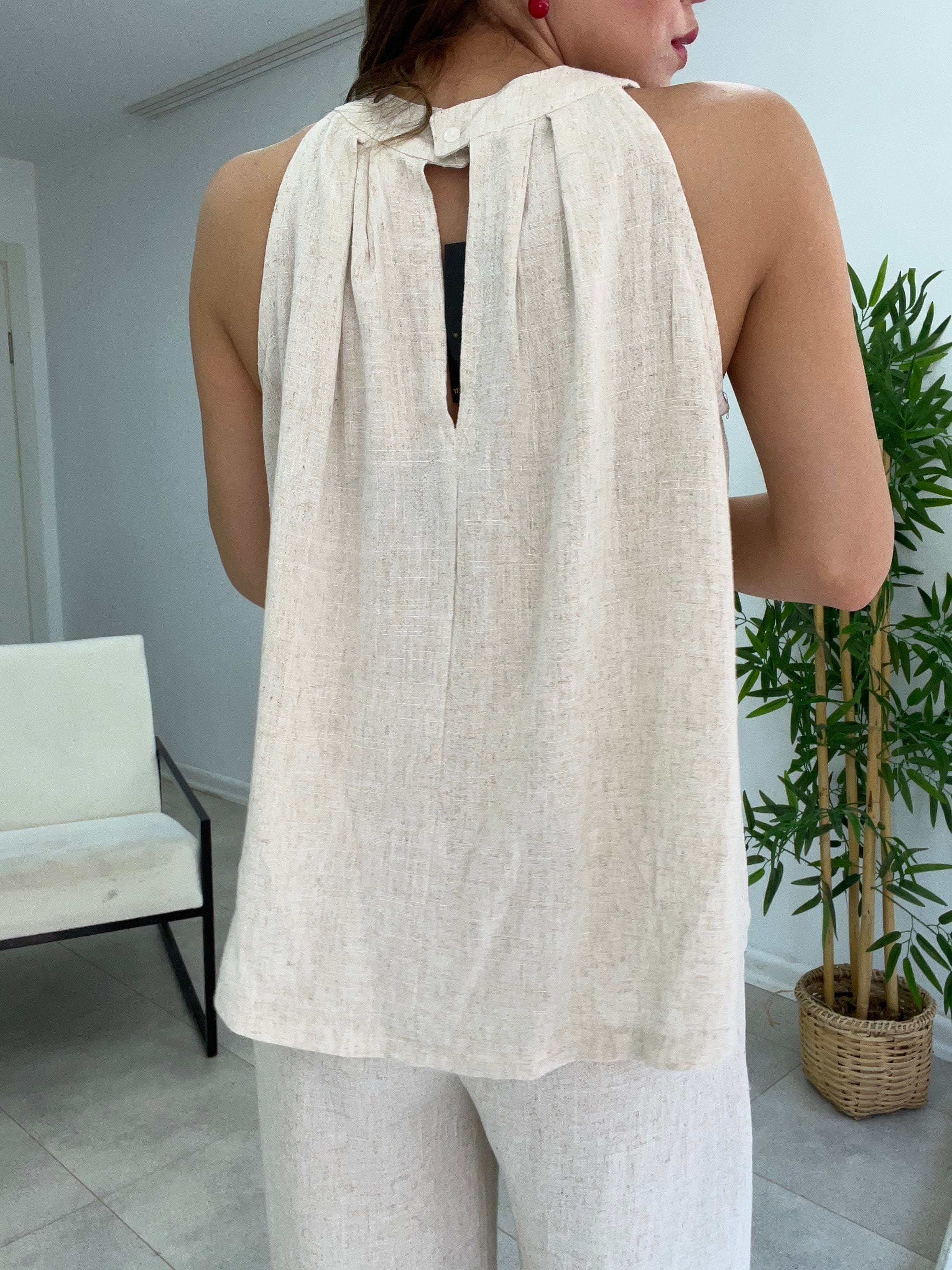 ÖNÜ PİLELİ KETEN BLUZ