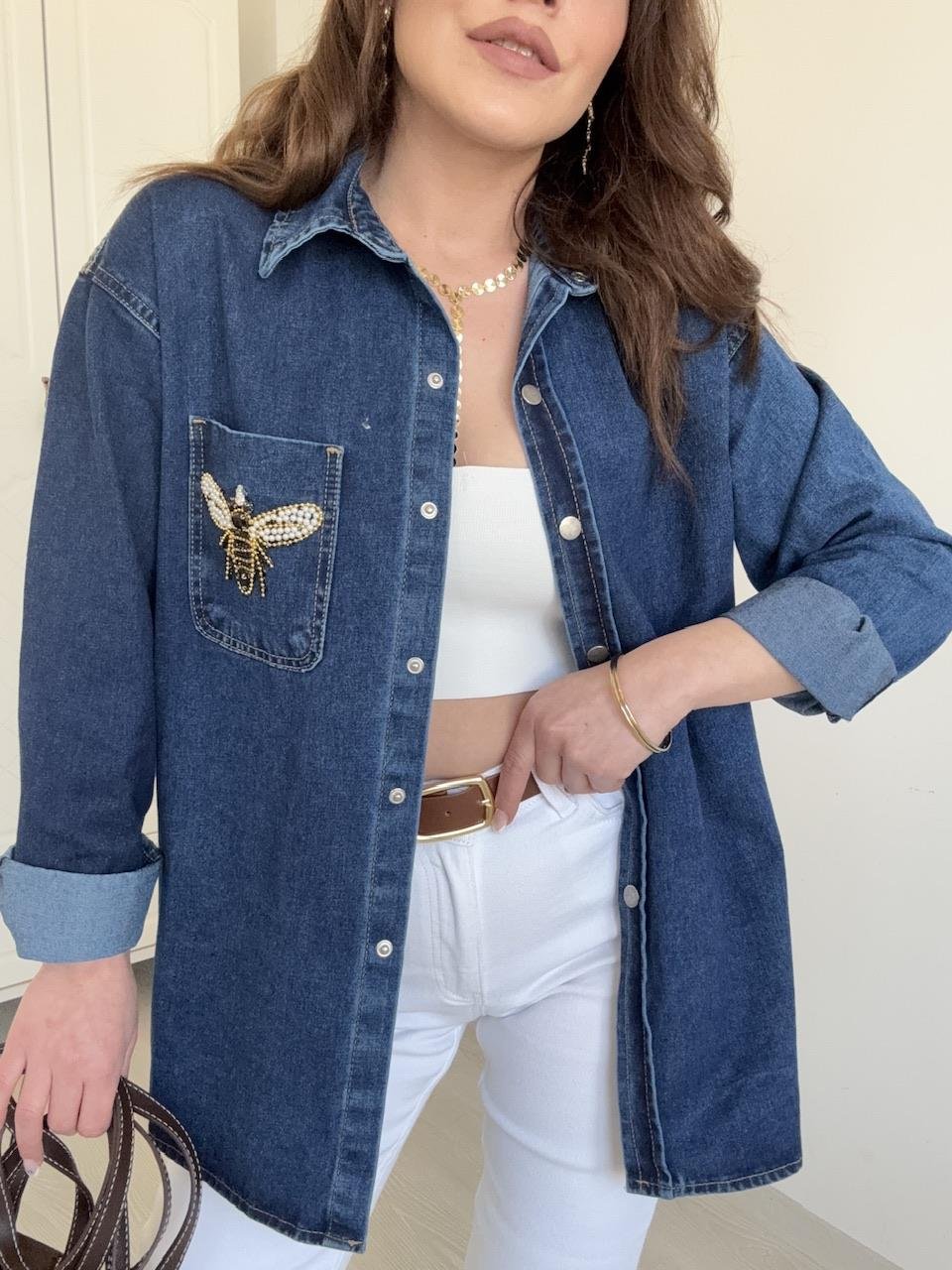 ORJINAL MARKA CEP TAŞ İŞLEMELİ DENİM GÖMLEK