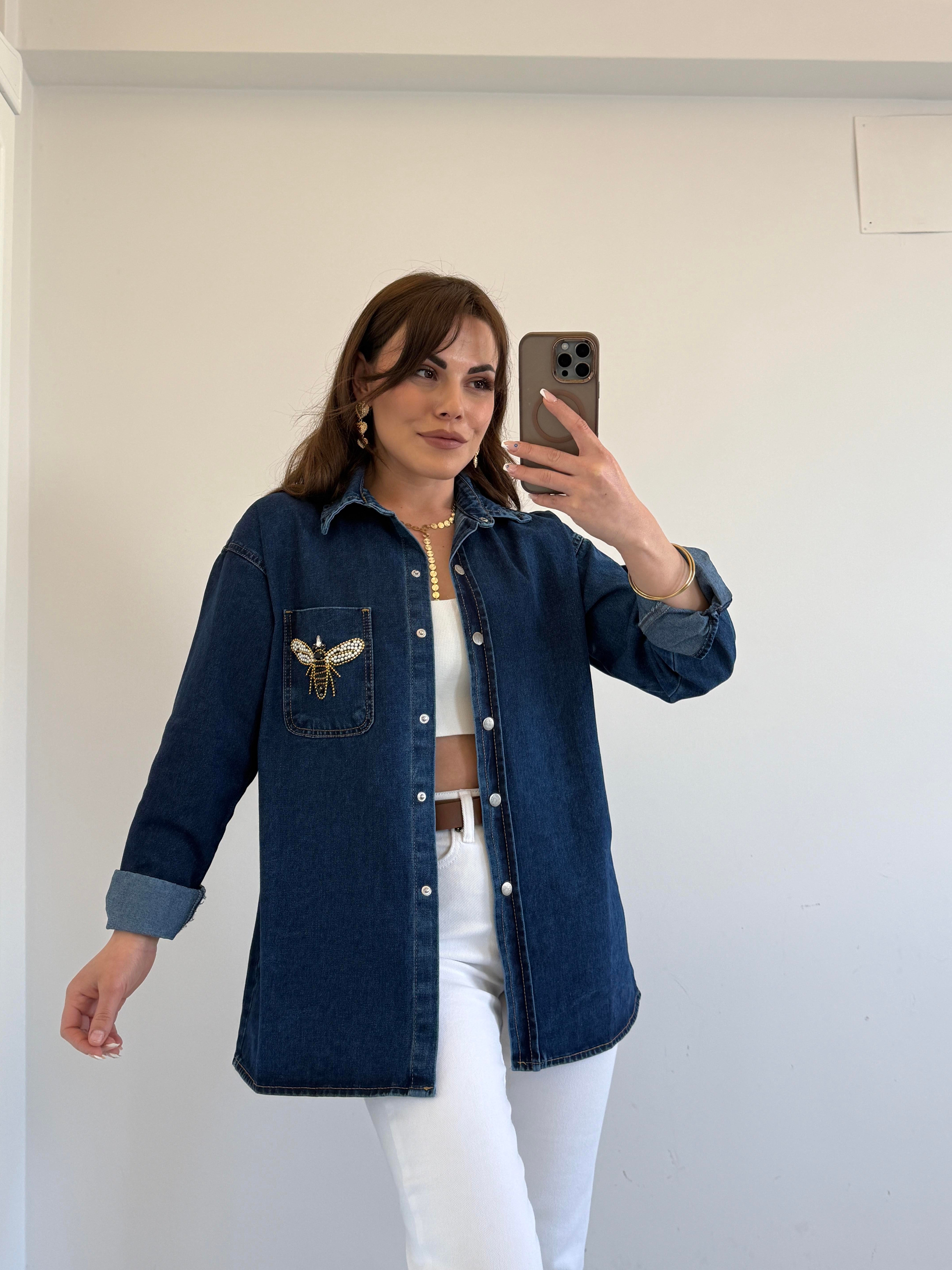 ORJINAL MARKA CEP TAŞ İŞLEMELİ DENİM GÖMLEK