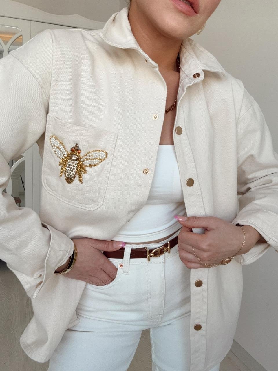 ORJINAL MARKA CEP TAŞ İŞLEMELİ DENİM GÖMLEK EKRU