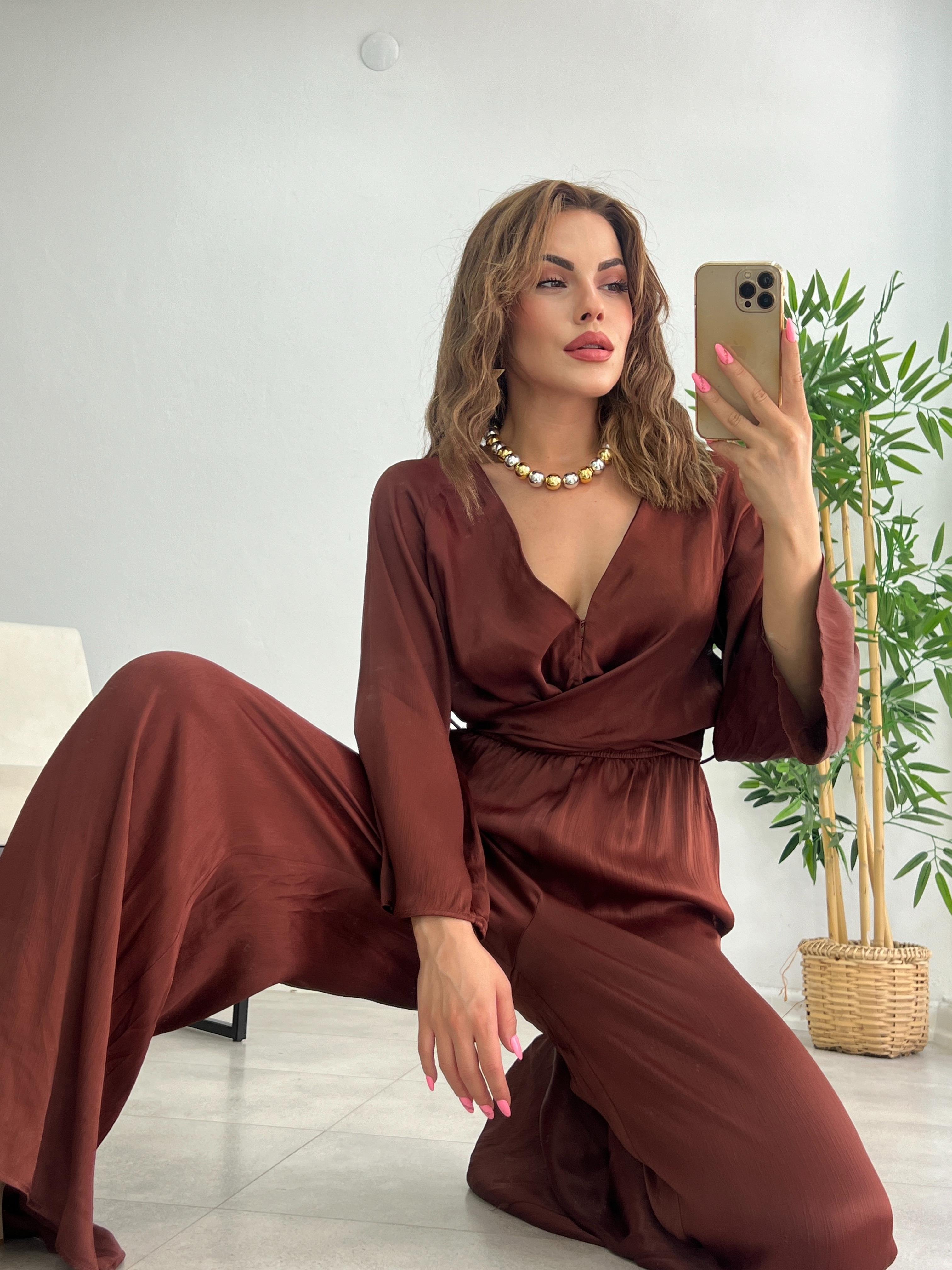 ORJİNAL MARKA SATEN KAHVE TULUM 