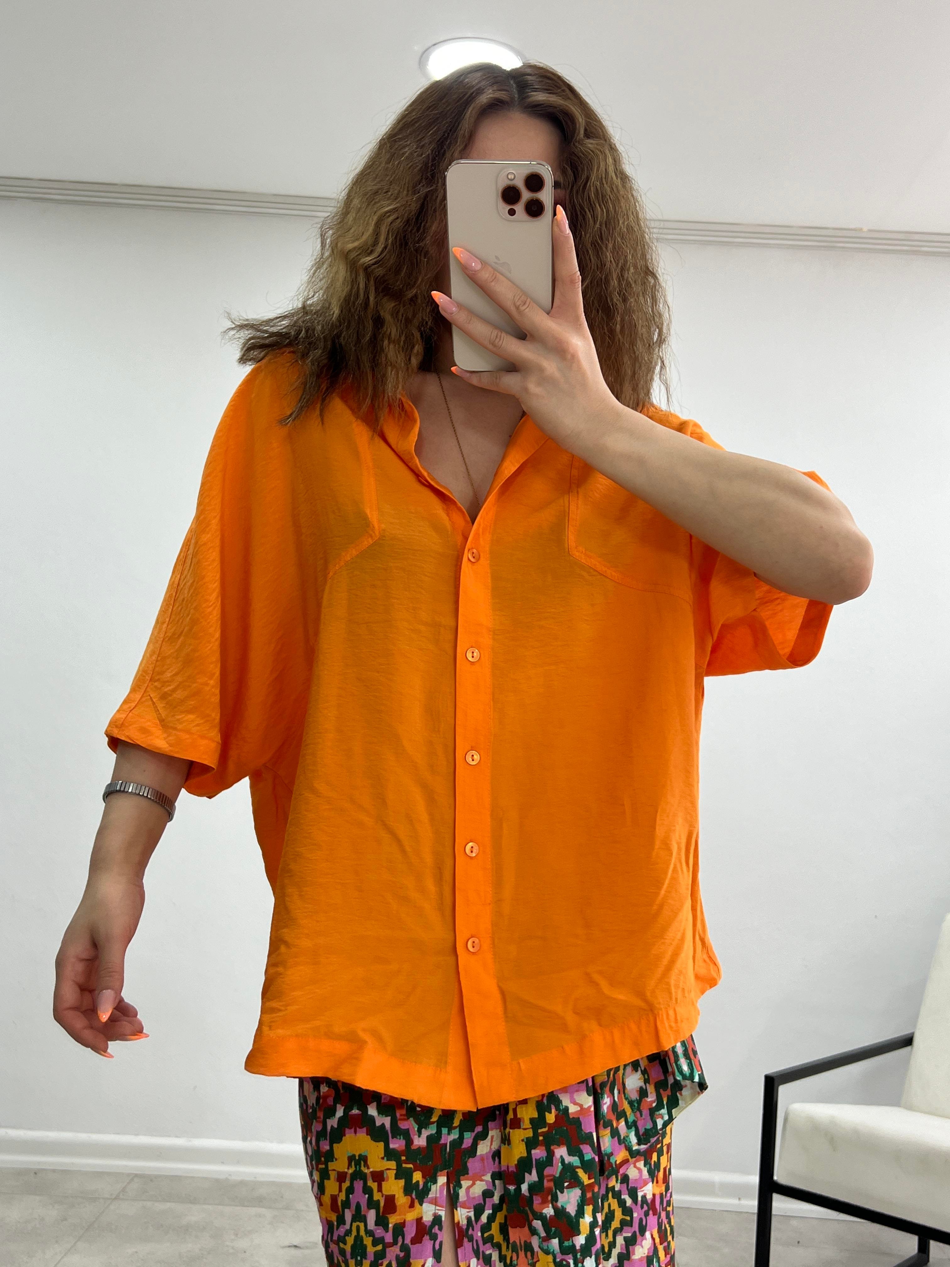 OVERSİZE KETEN TURUNCU GÖMLEK