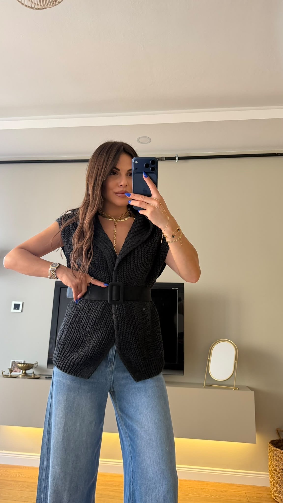 Oversize Selanik Doku Kemer Detaylı Triko Yelek Antrasit