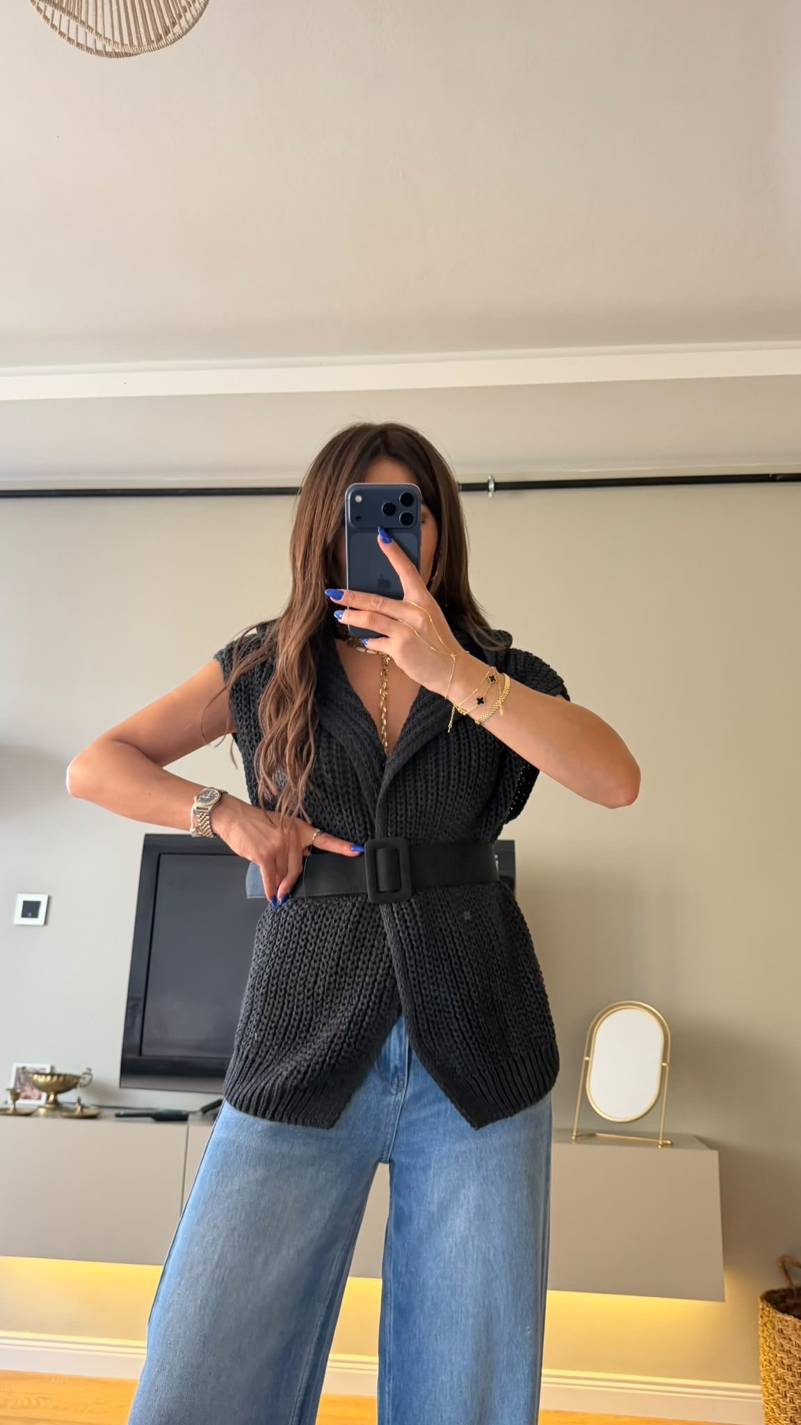 Oversize Selanik Doku Kemer Detaylı Triko Yelek Antrasit