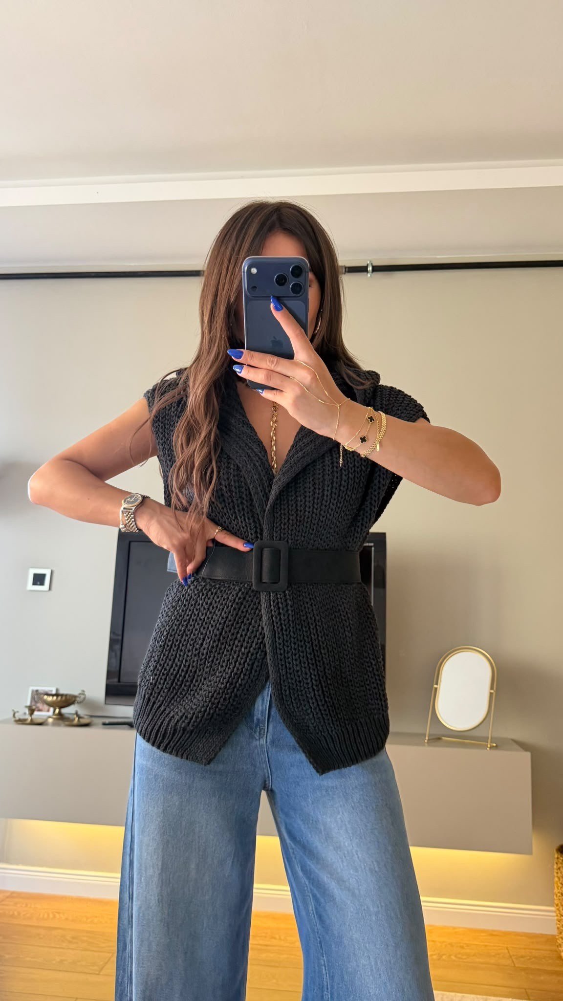 Oversize Selanik Doku Kemer Detaylı Triko Yelek Antrasit