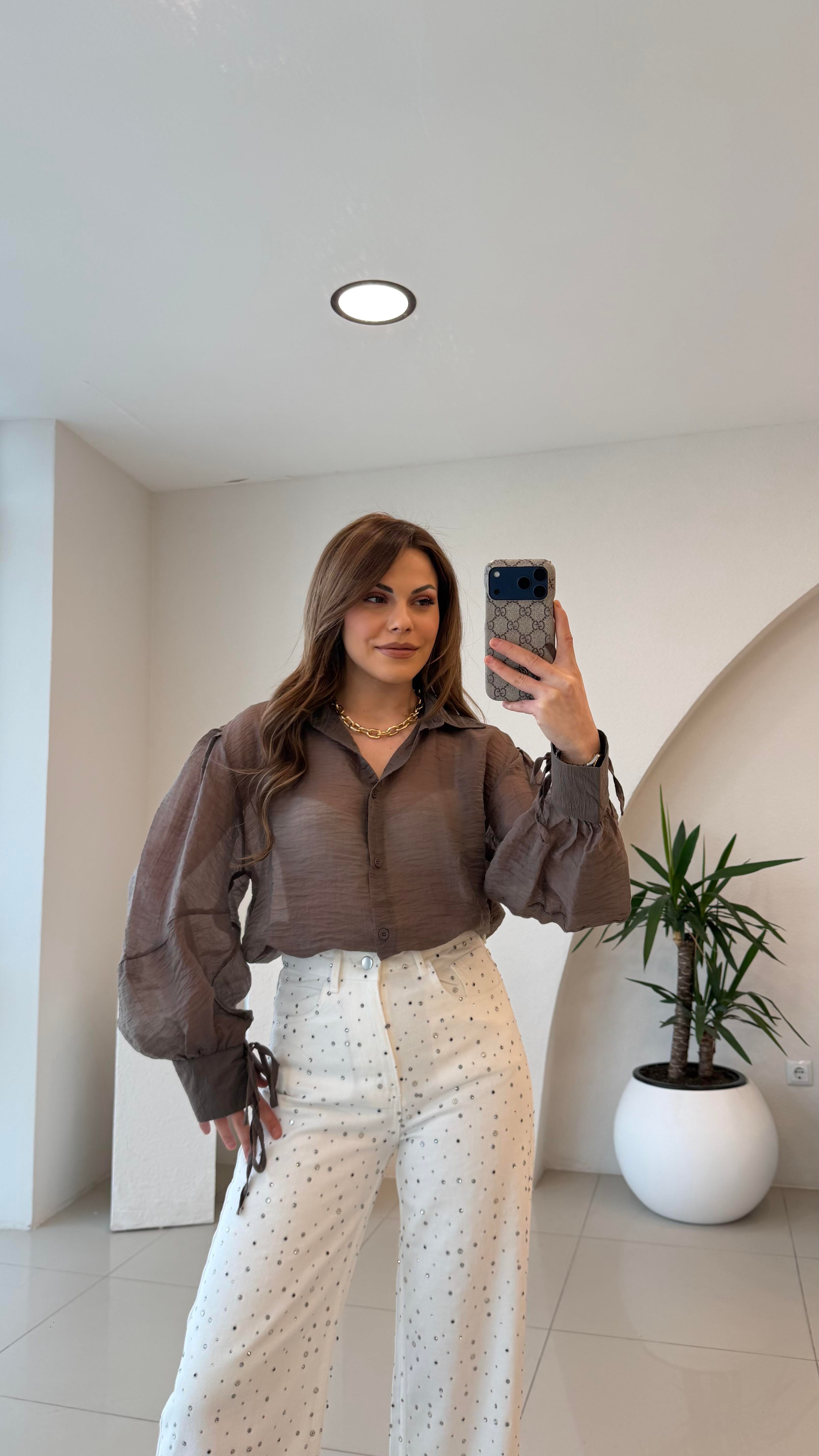 OVERSİZE TÜL GÖMLEK KAHVE