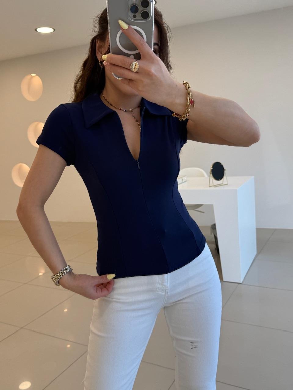 PAMUK FERMUARLI TSHIRT LACİVERT