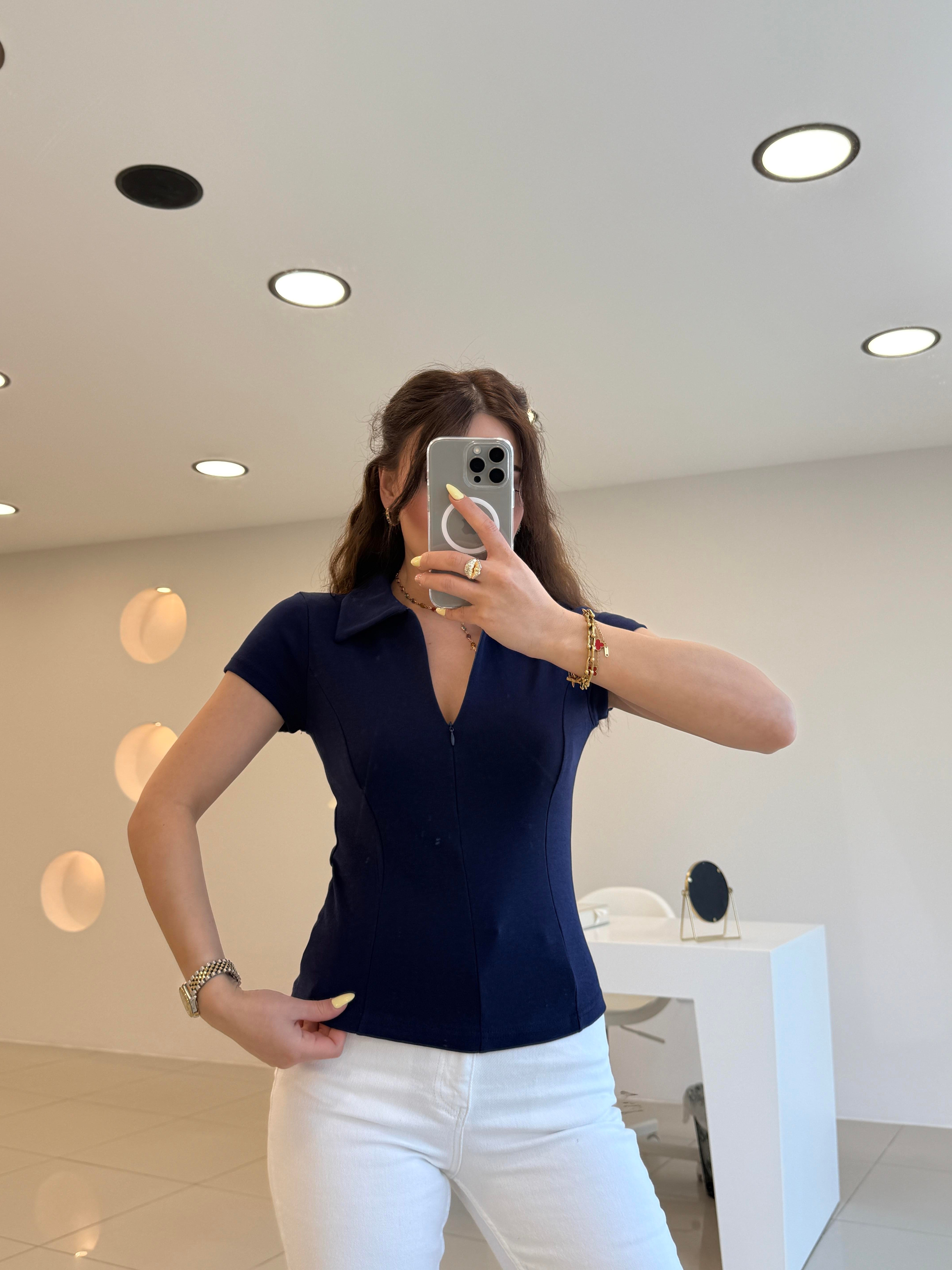 PAMUK FERMUARLI TSHIRT LACİVERT