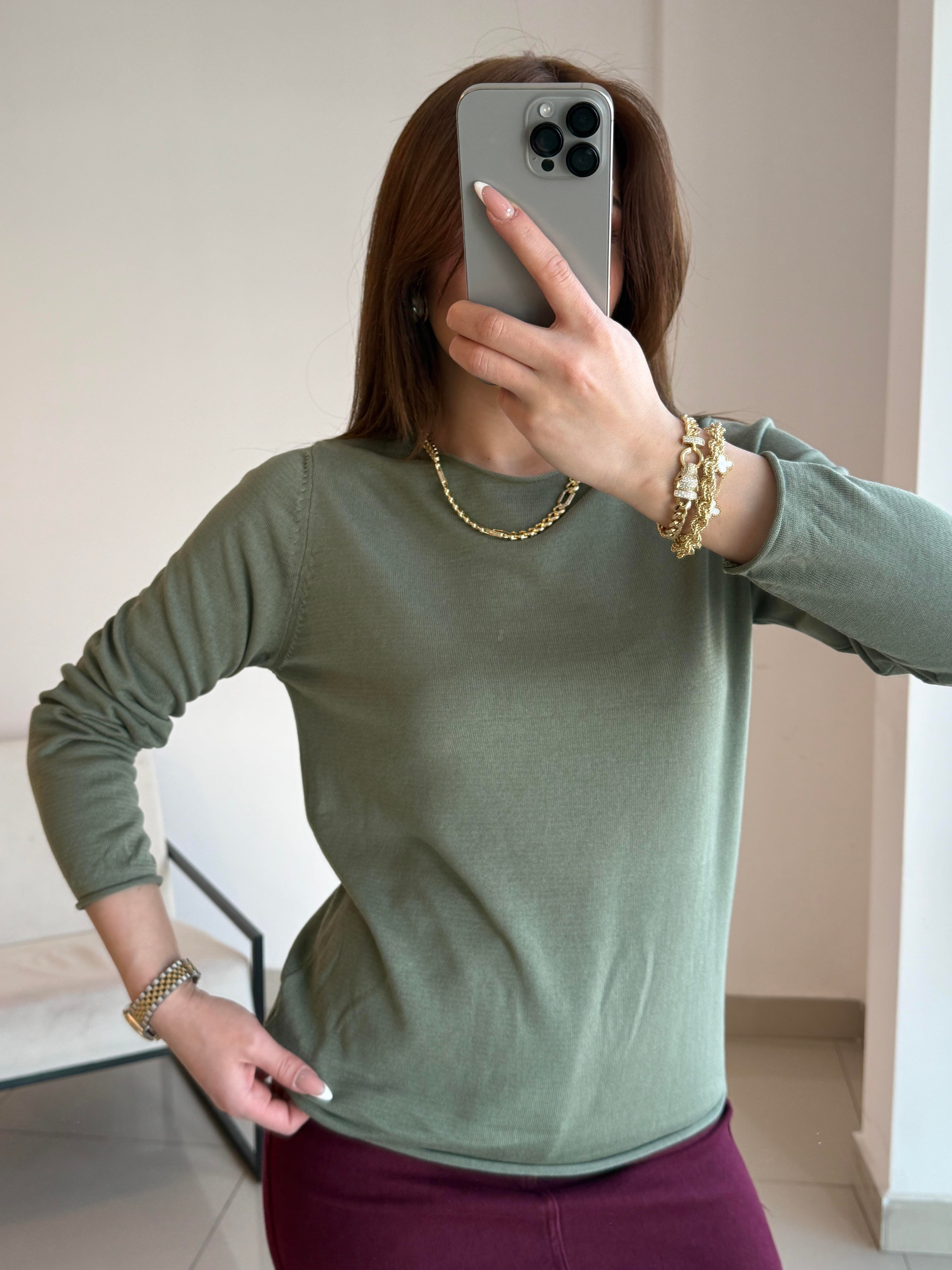 PAMUK MERSERİZE BLUZ YEŞİL