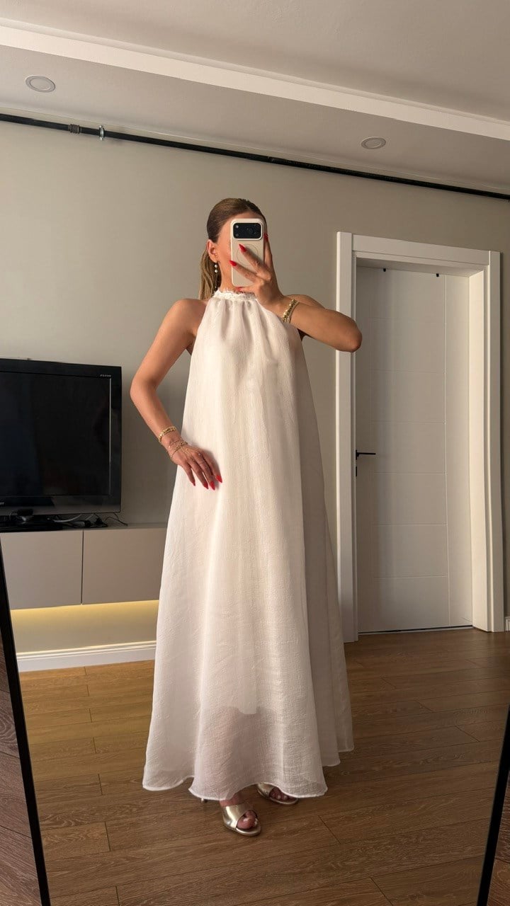 Pamuk Vual Dantel Detaylı Elbise Ekru