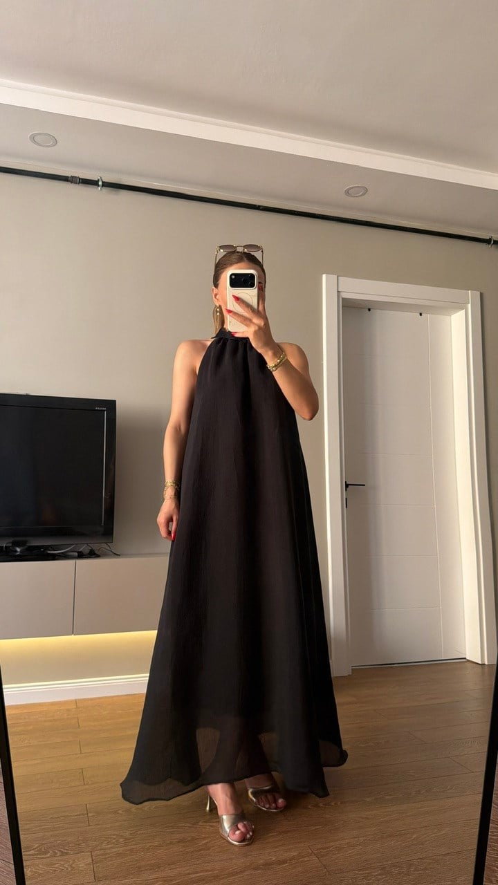 Pamuk Vual Dantel Detaylı Elbise Siyah