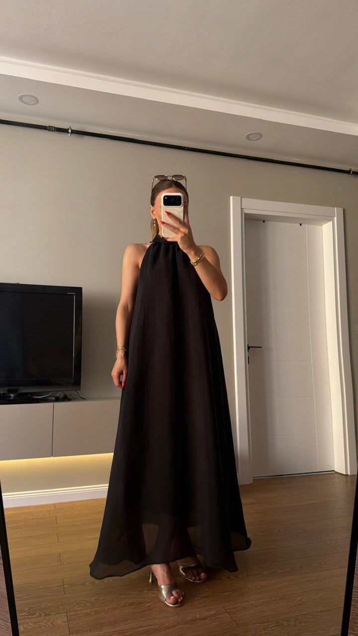 Pamuk Vual Dantel Detaylı Elbise Siyah