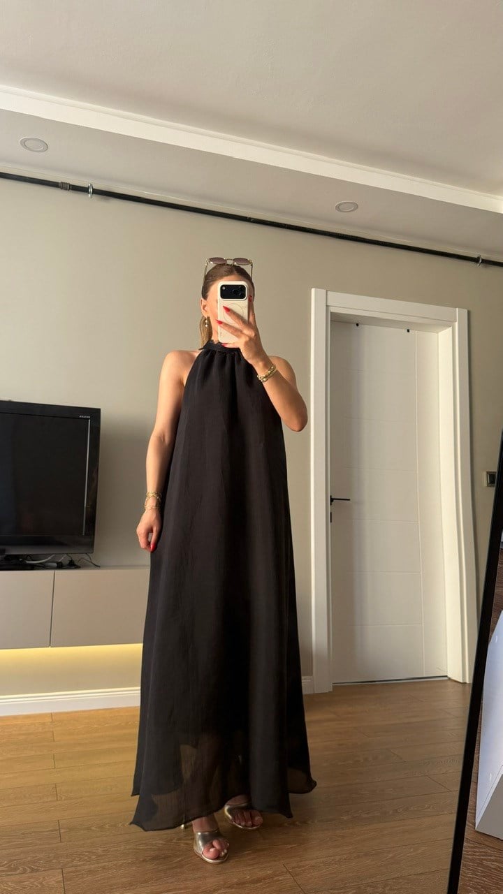 Pamuk Vual Dantel Detaylı Elbise Siyah