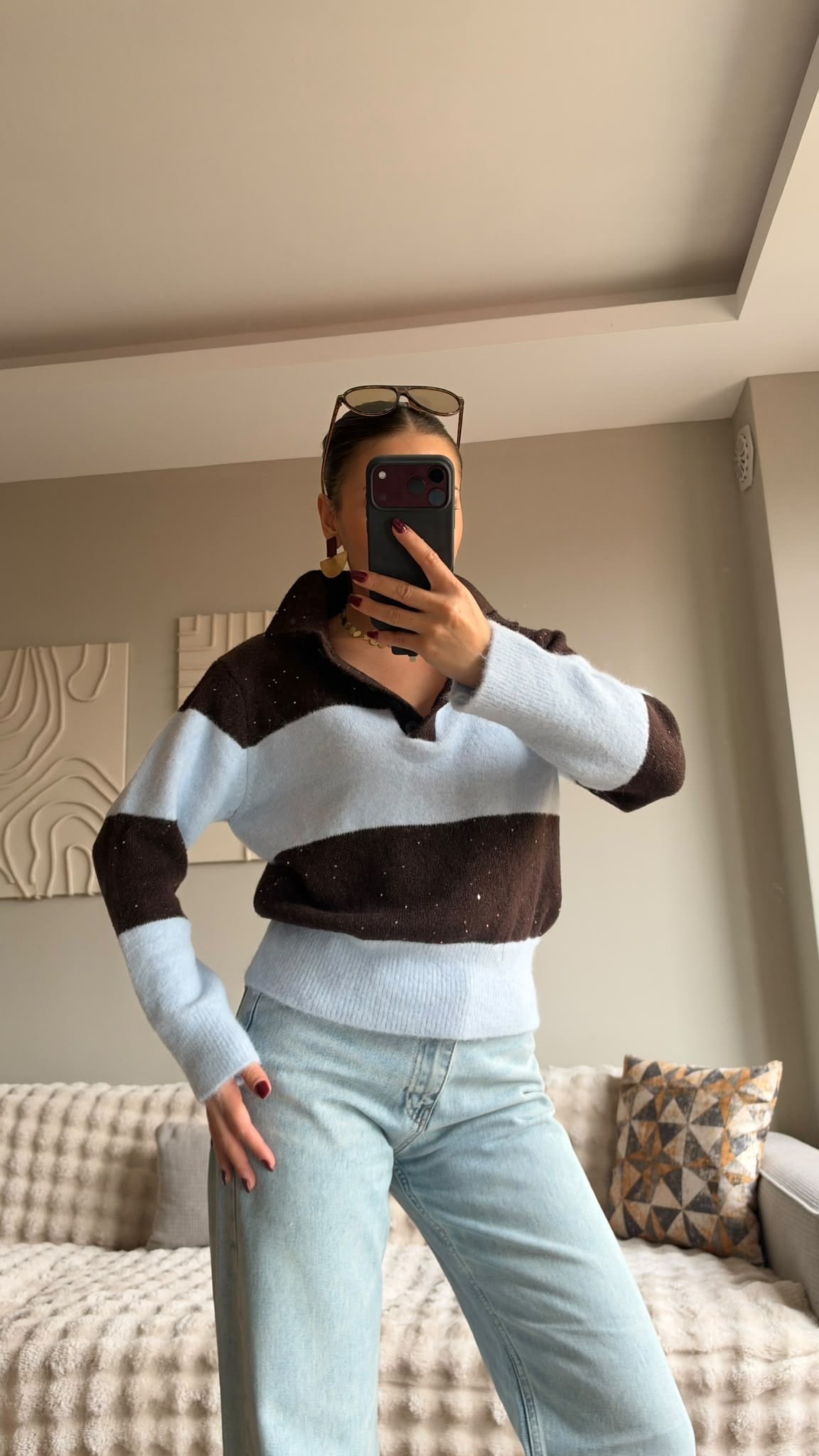 Payet Çizgili Polo Yaka Triko Mavi/Kahve