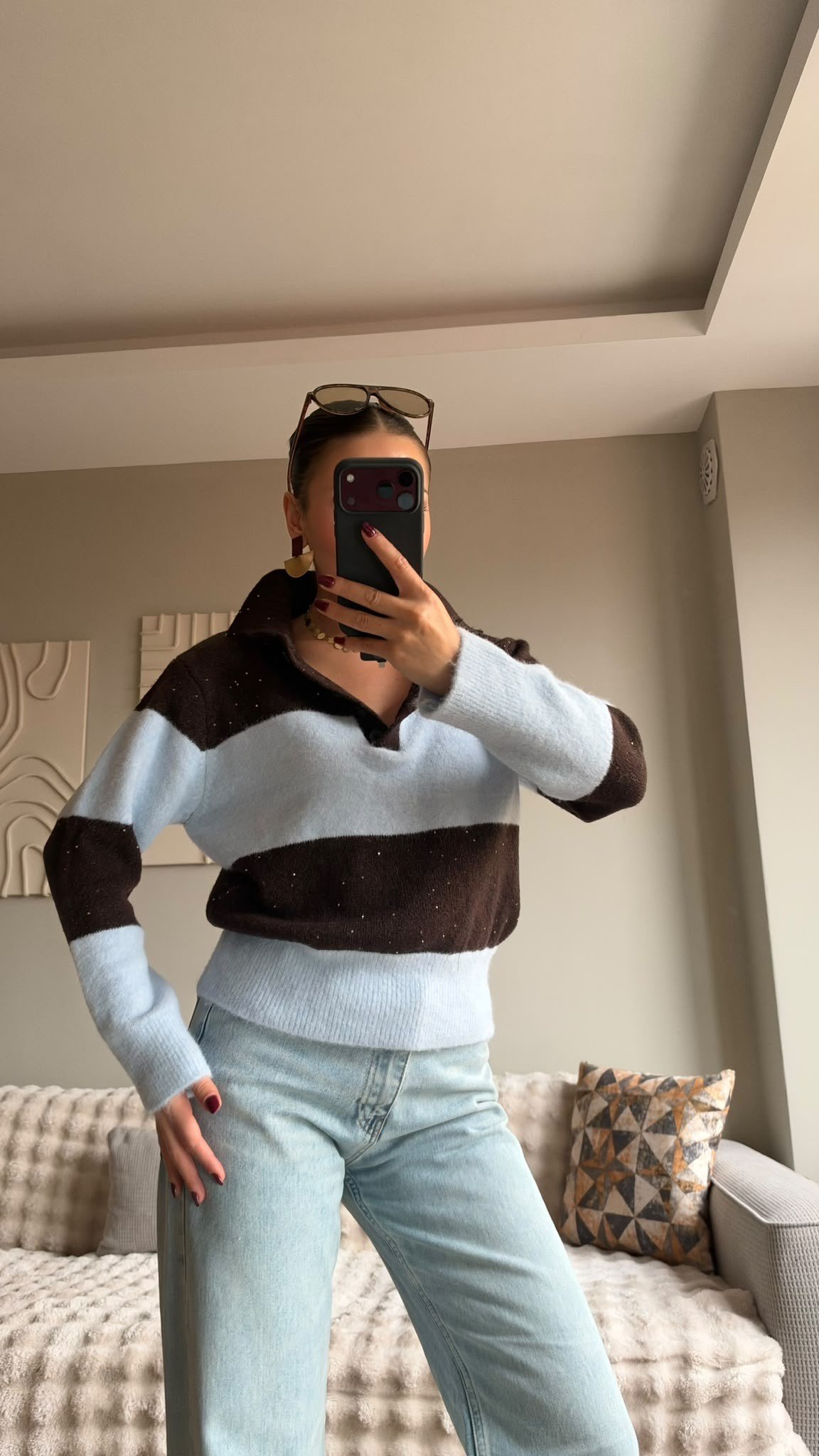 Payet Çizgili Polo Yaka Triko Mavi/Kahve