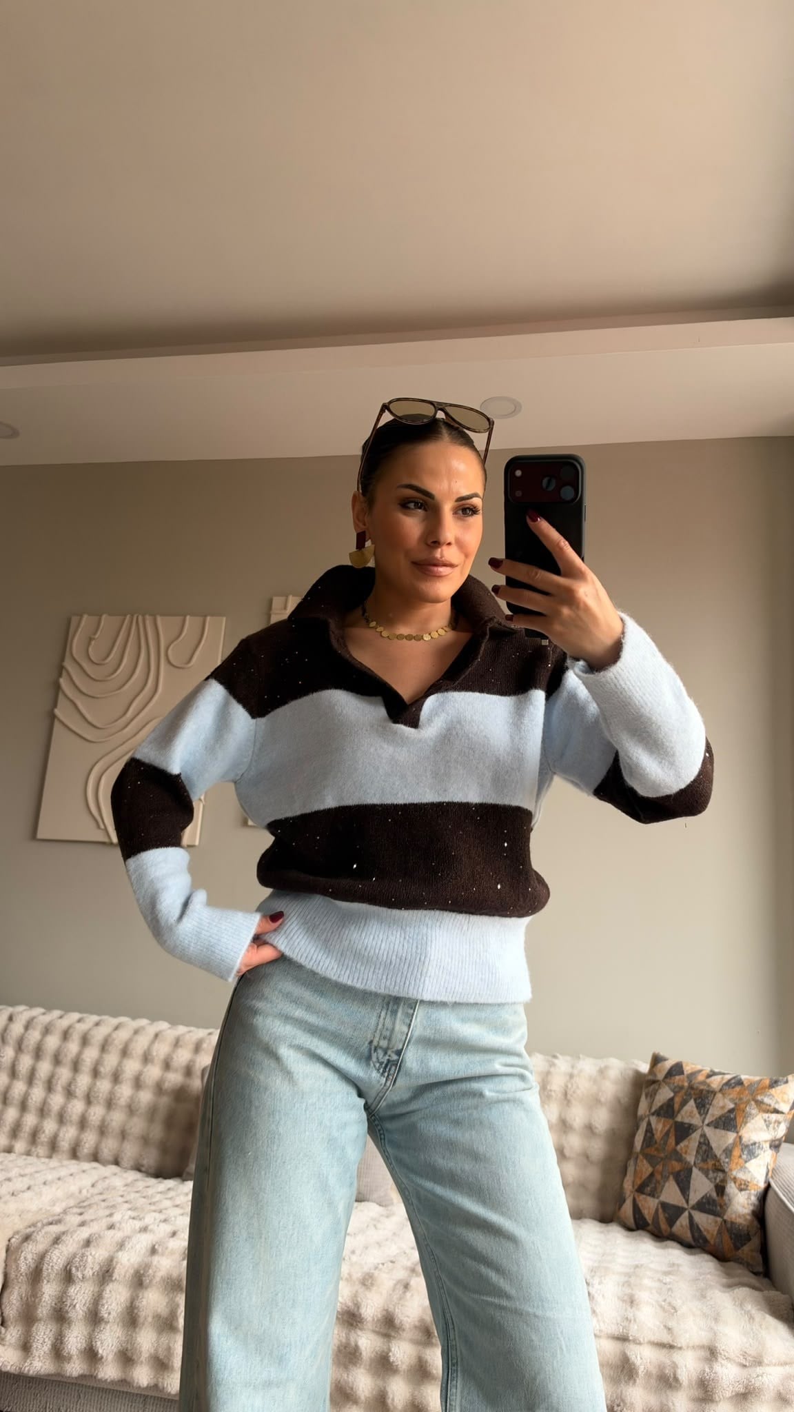 Payet Çizgili Polo Yaka Triko Mavi/Kahve