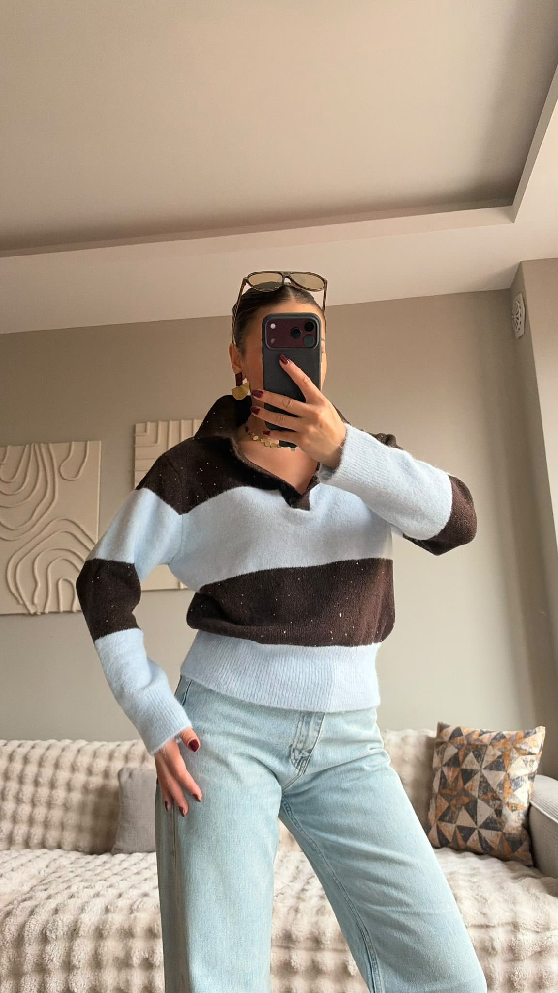 Payet Çizgili Polo Yaka Triko Mavi/Kahve