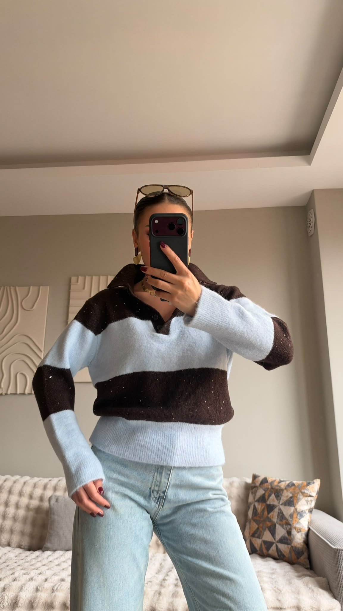 Payet Çizgili Polo Yaka Triko Mavi/Kahve