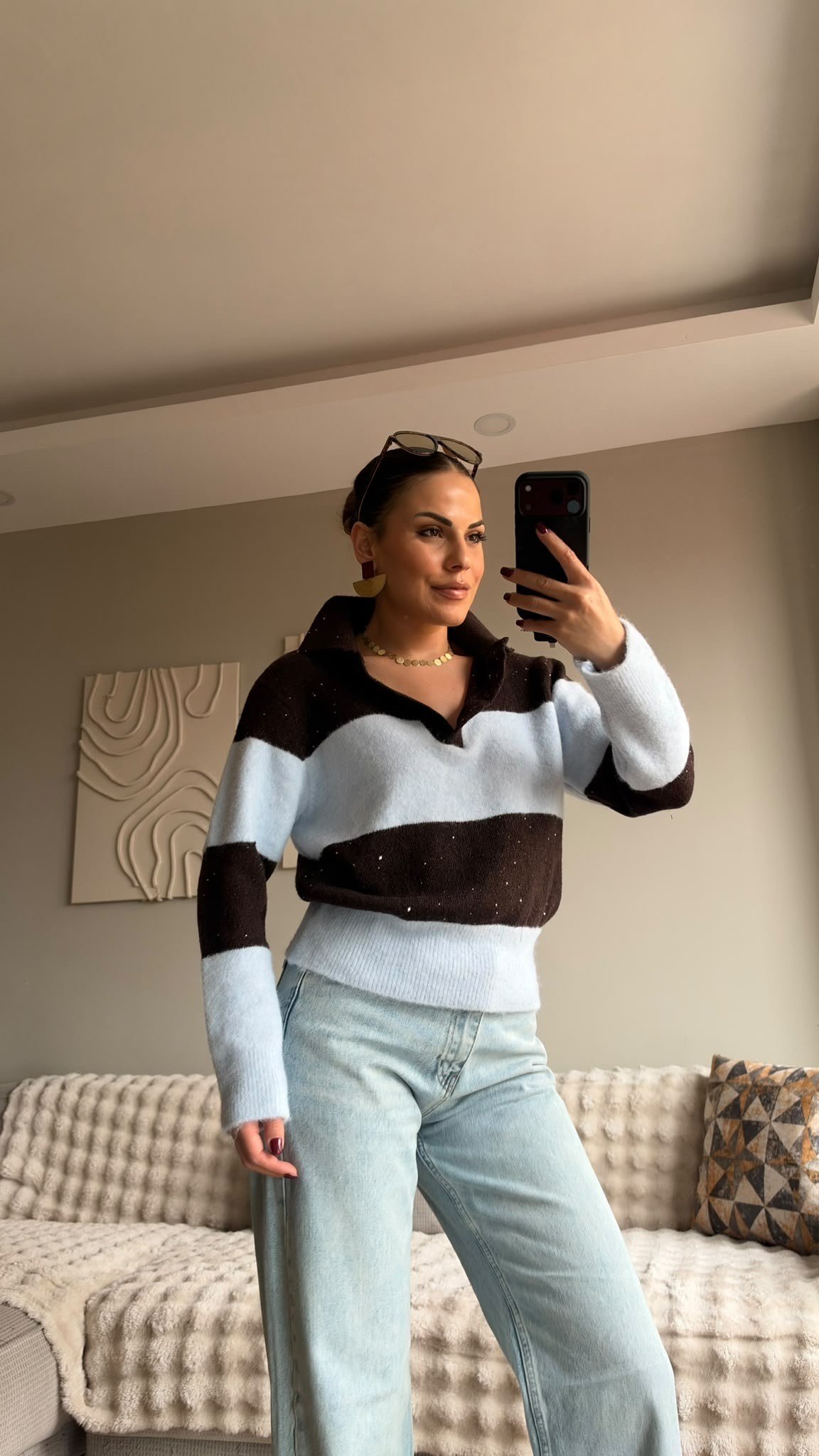 Payet Çizgili Polo Yaka Triko Mavi/Kahve