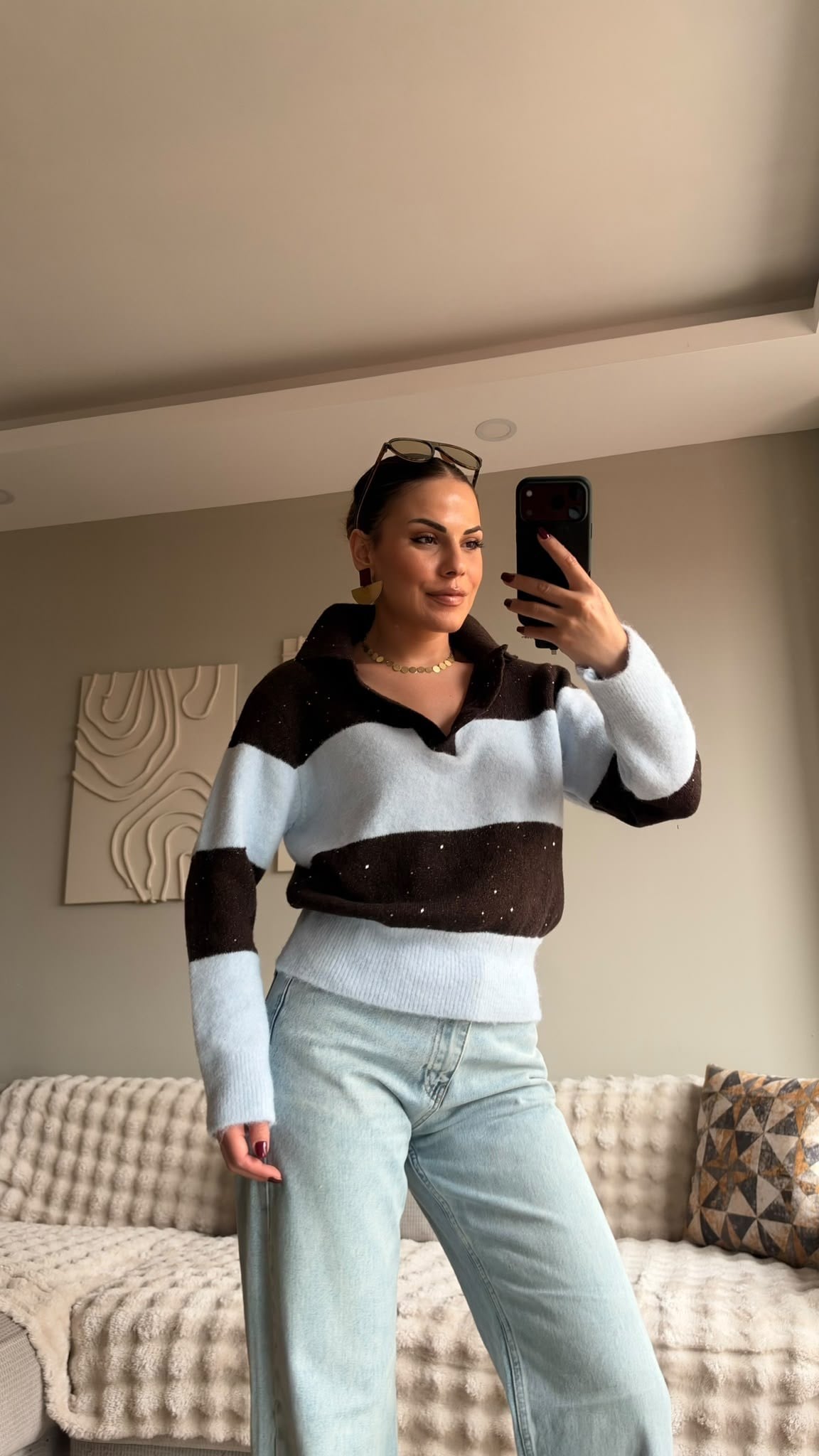 Payet Çizgili Polo Yaka Triko Mavi/Kahve
