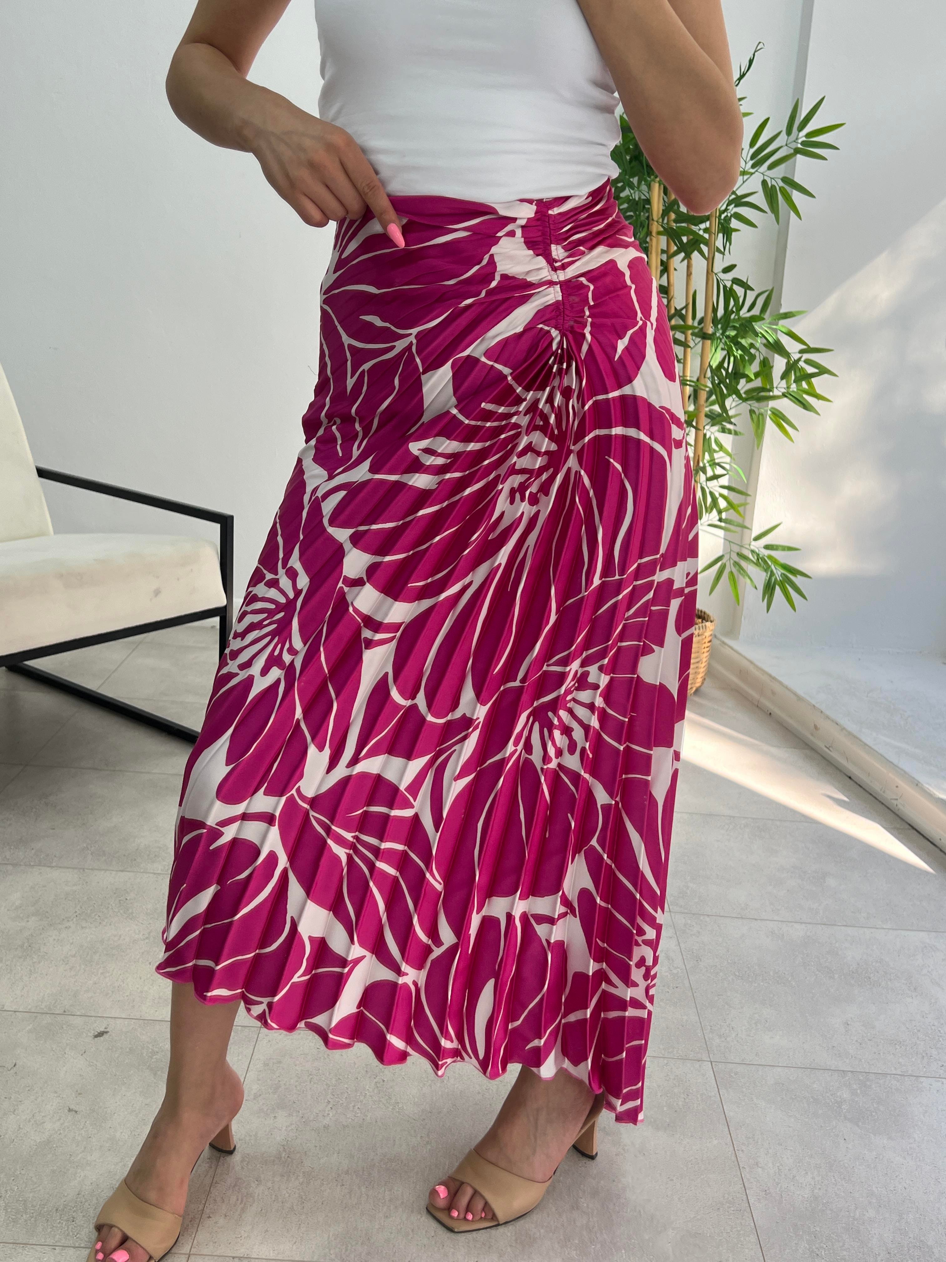 PEMBE DESENLİ  DRAPELLİ SATEN ETEK