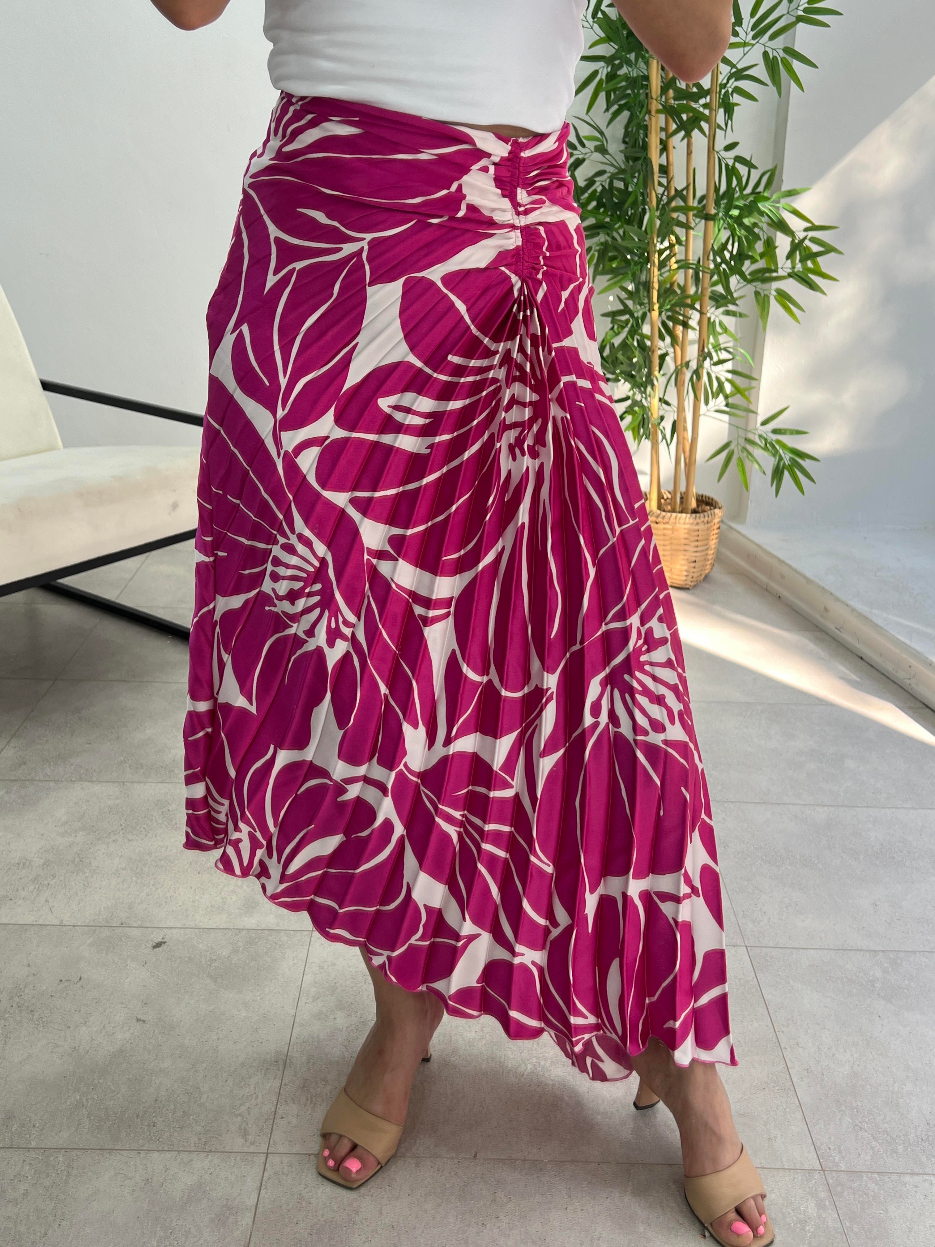 PEMBE DESENLİ  DRAPELLİ SATEN ETEK