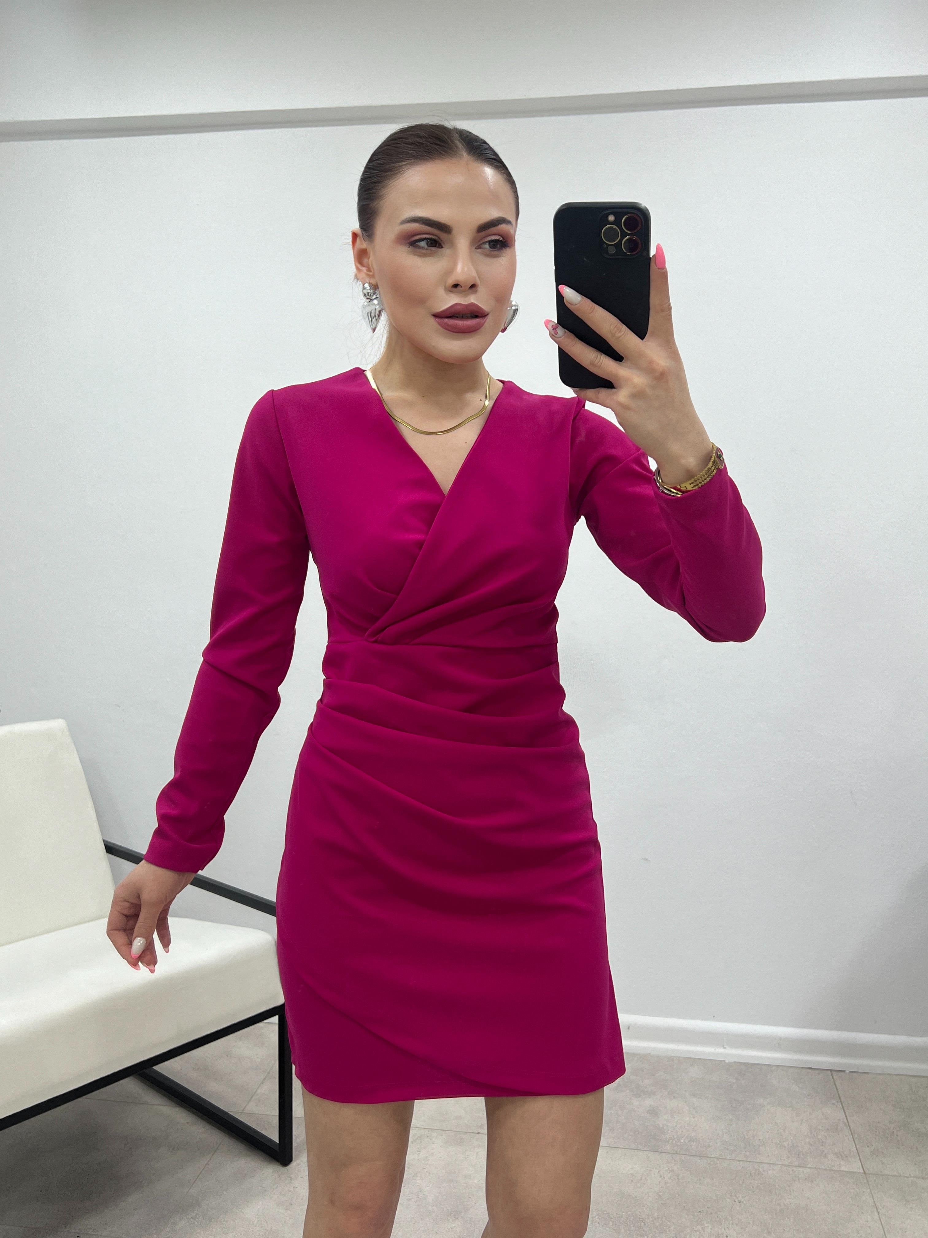 PEMBE KRUVAZE DRAPELİ ELBİSE