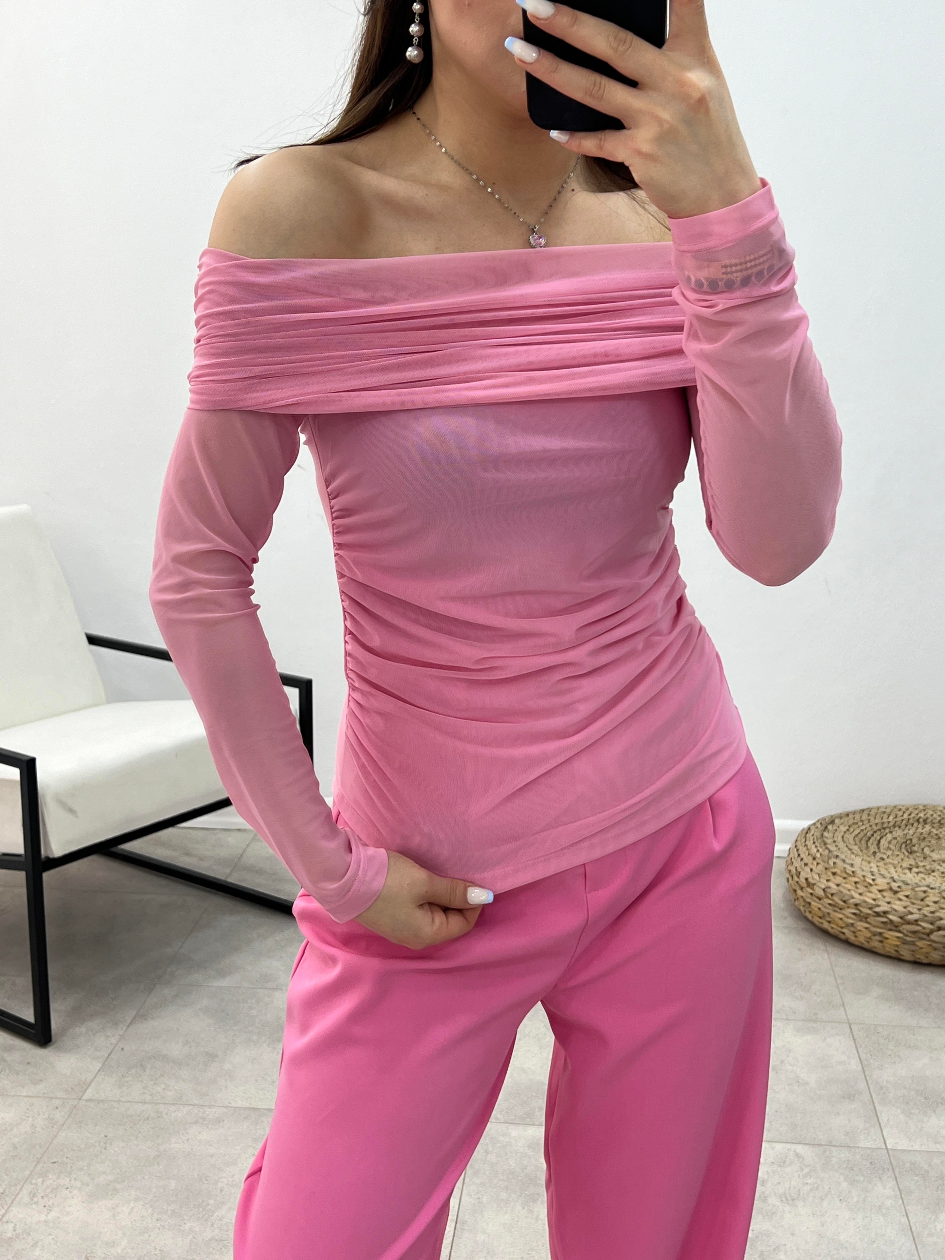 PEMBE MADONNA DRAPELİ BLUZ 