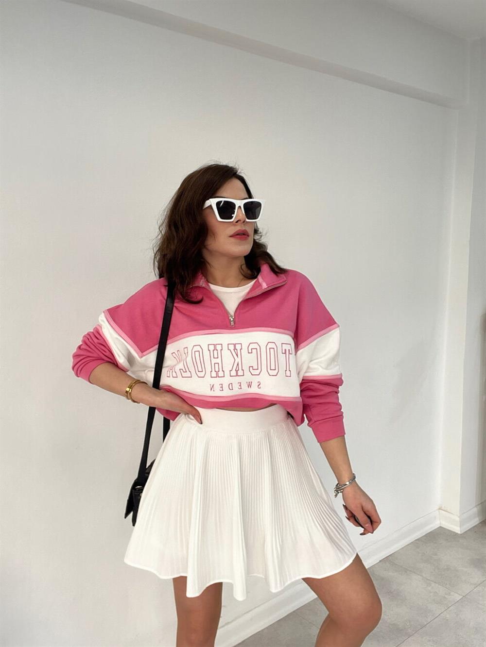 PEMBE YAKASI FERMUARLI SWEAT