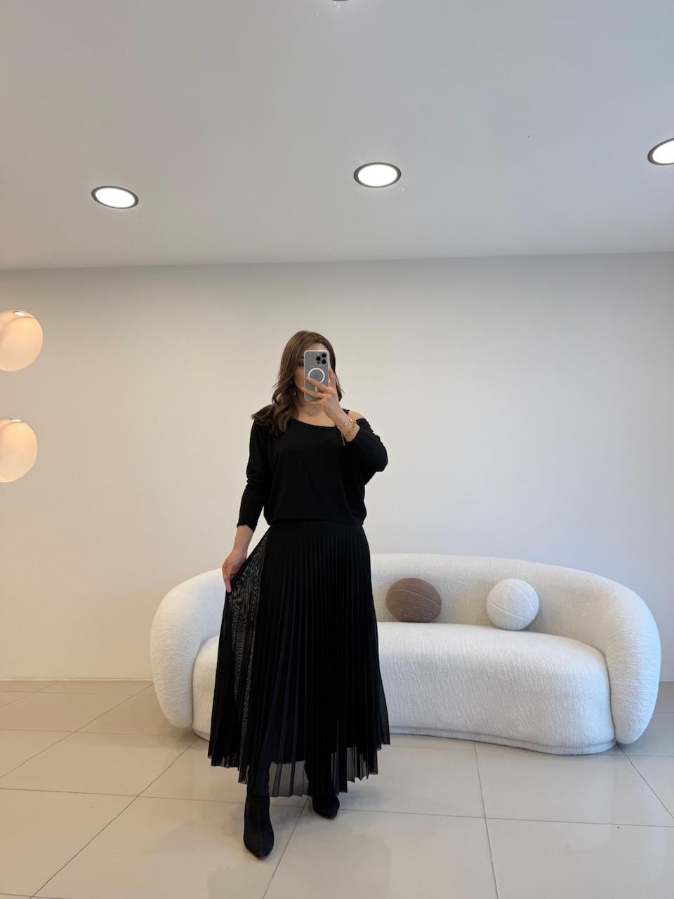 PİLİSELİ BLUZLU İKİLİ ELBİSE SİYAH