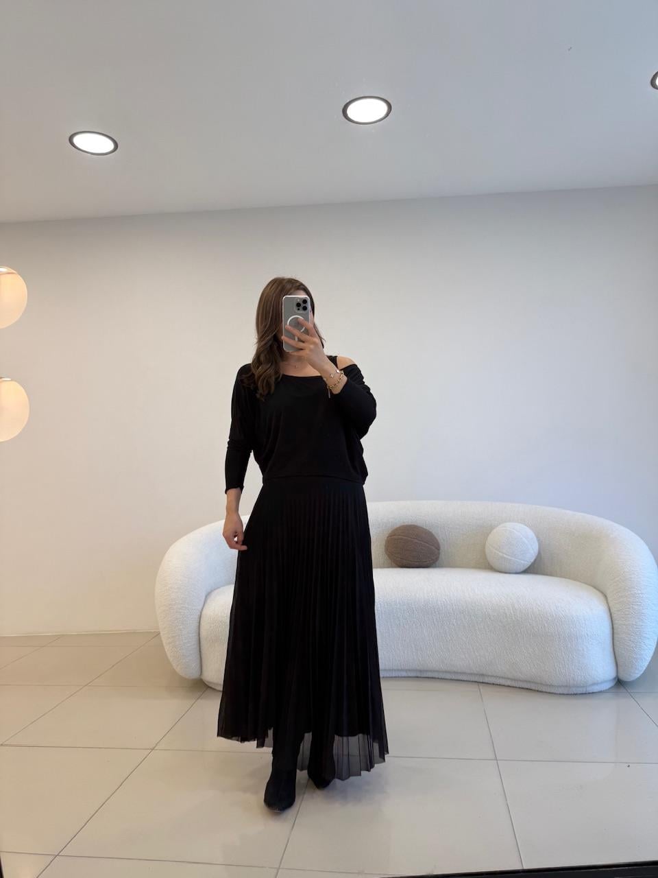 PİLİSELİ BLUZLU İKİLİ ELBİSE SİYAH