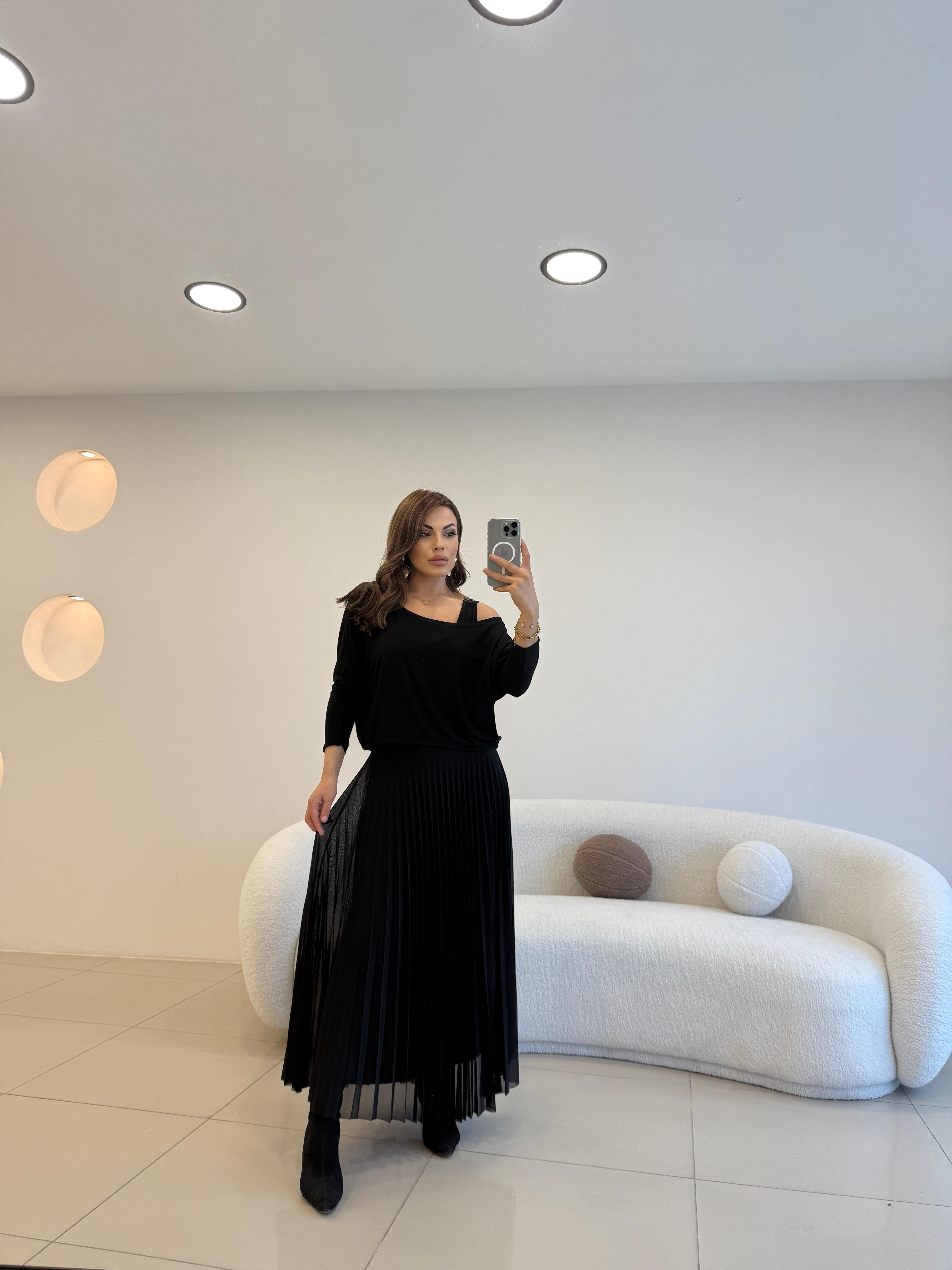 PİLİSELİ BLUZLU İKİLİ ELBİSE SİYAH