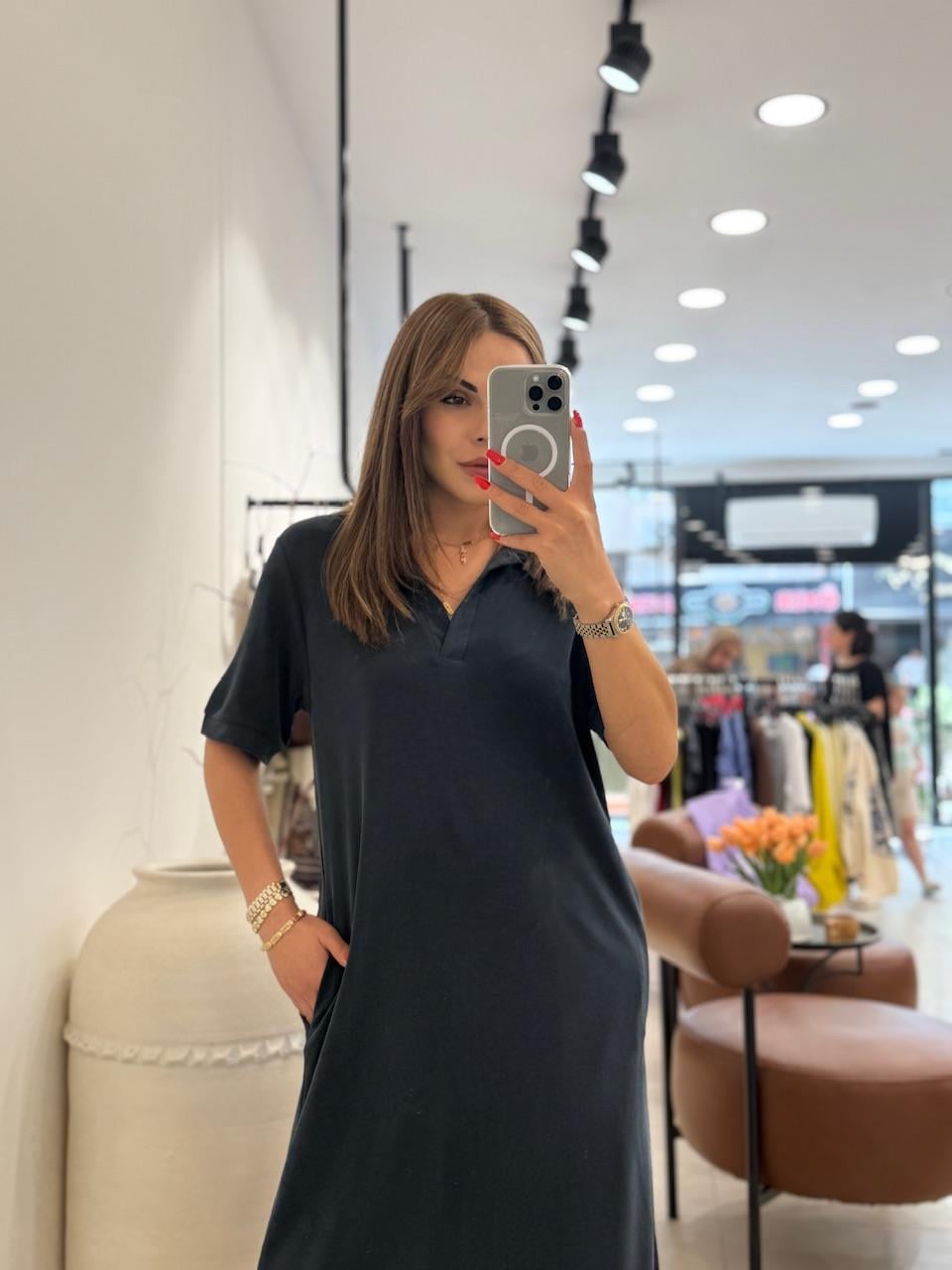 POLA YAKA BASİC ELBİSE ANTRASİT