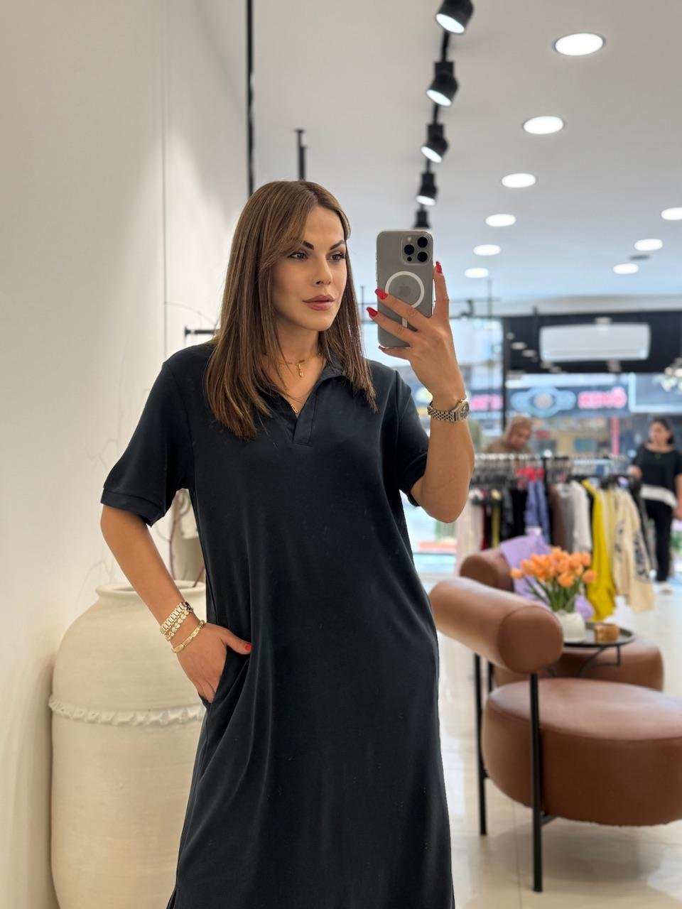 POLA YAKA BASİC ELBİSE ANTRASİT