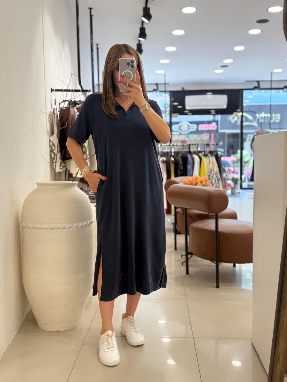 POLA YAKA BASİC ELBİSE LACİVERT