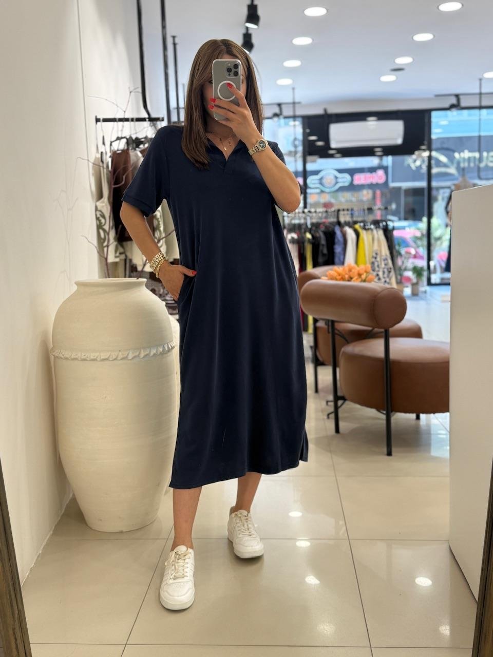 POLA YAKA BASİC ELBİSE LACİVERT
