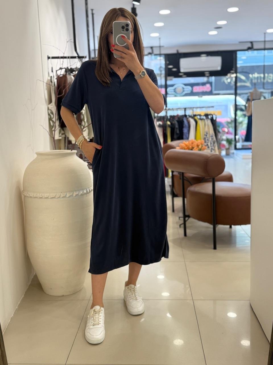 POLA YAKA BASİC ELBİSE LACİVERT