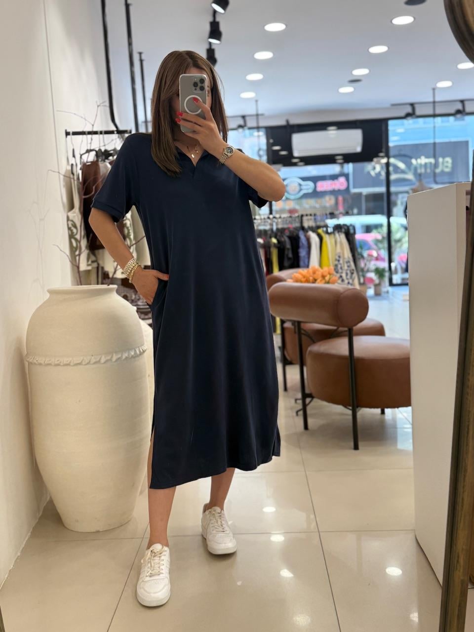 POLA YAKA BASİC ELBİSE LACİVERT