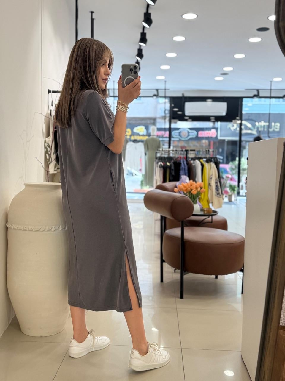 POLA YAKA BASİC ELBİSE TOPRAK