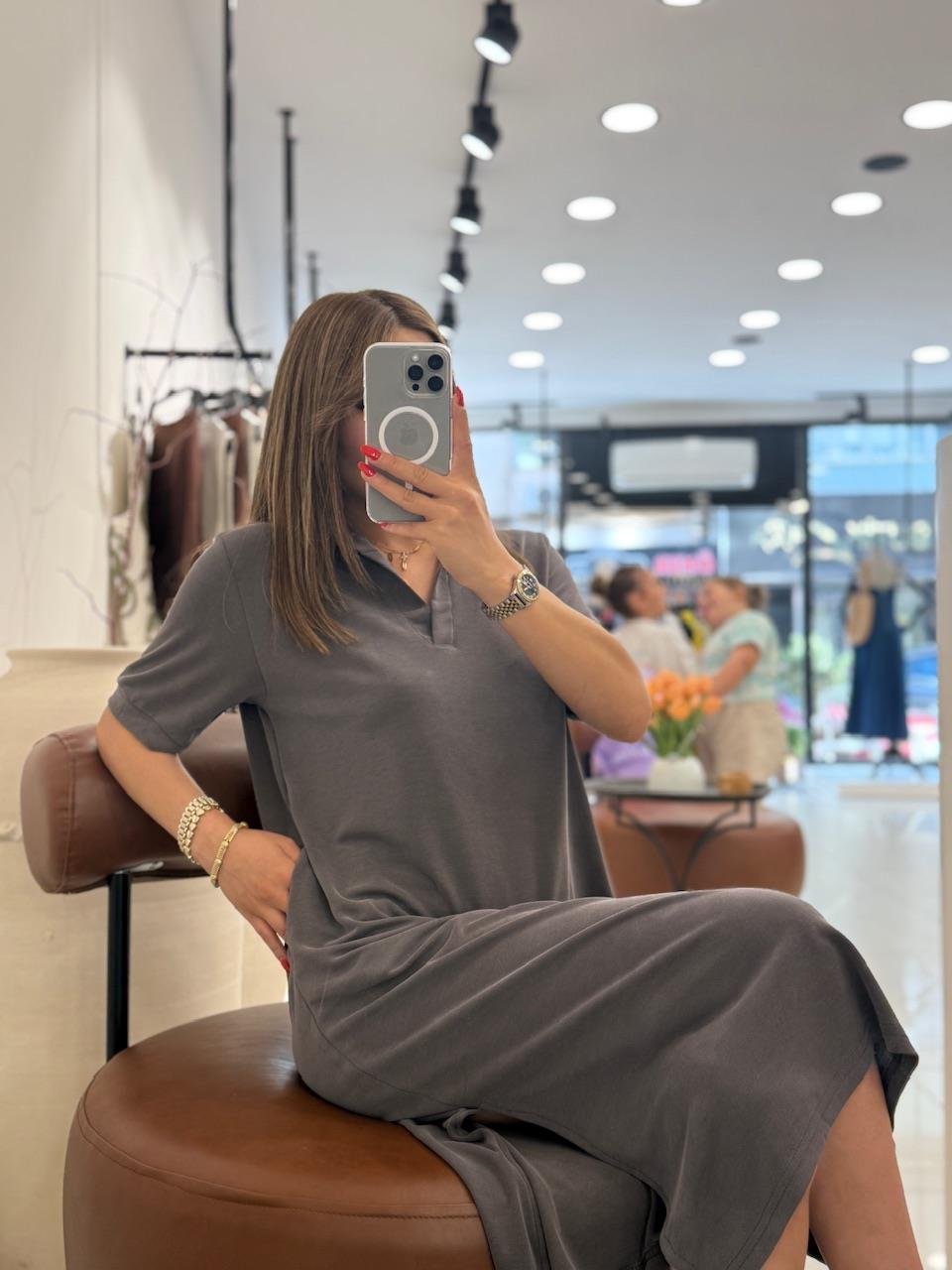 POLA YAKA BASİC ELBİSE TOPRAK