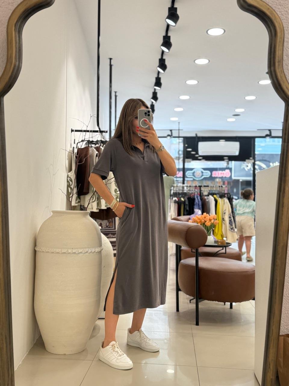 POLA YAKA BASİC ELBİSE TOPRAK