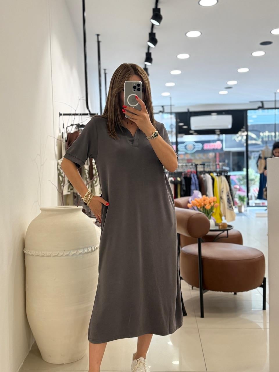 POLA YAKA BASİC ELBİSE TOPRAK