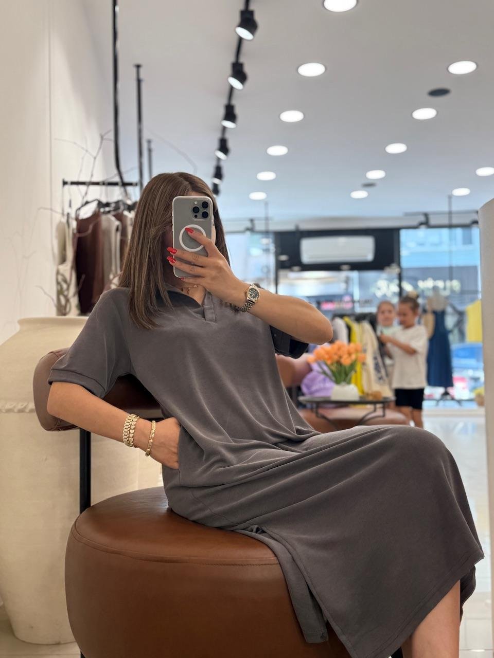 POLA YAKA BASİC ELBİSE TOPRAK