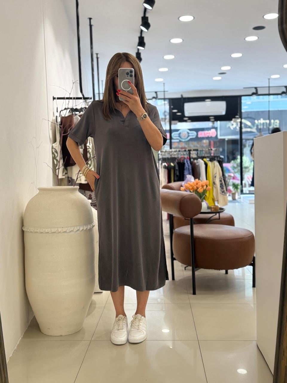 POLA YAKA BASİC ELBİSE TOPRAK