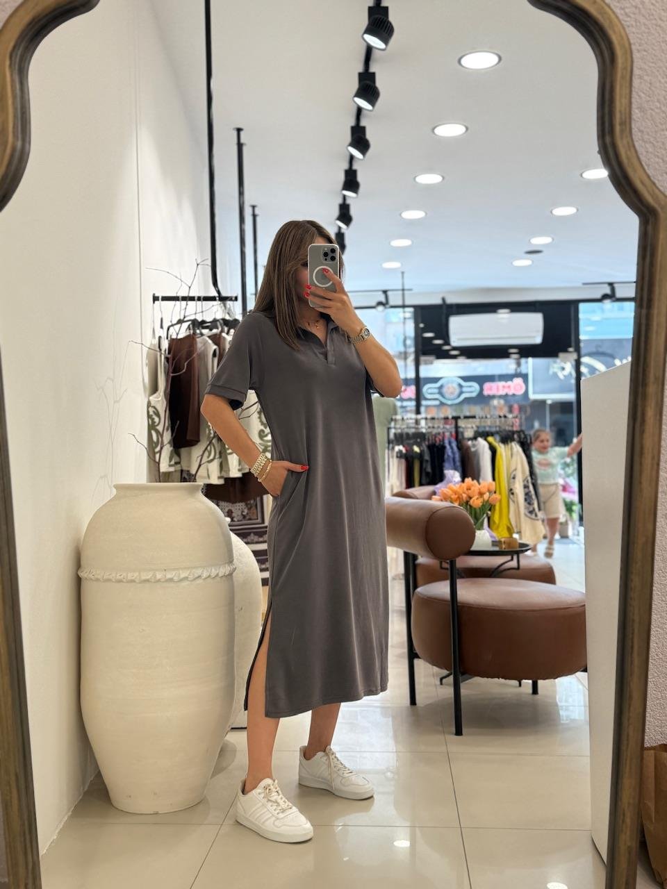 POLA YAKA BASİC ELBİSE TOPRAK