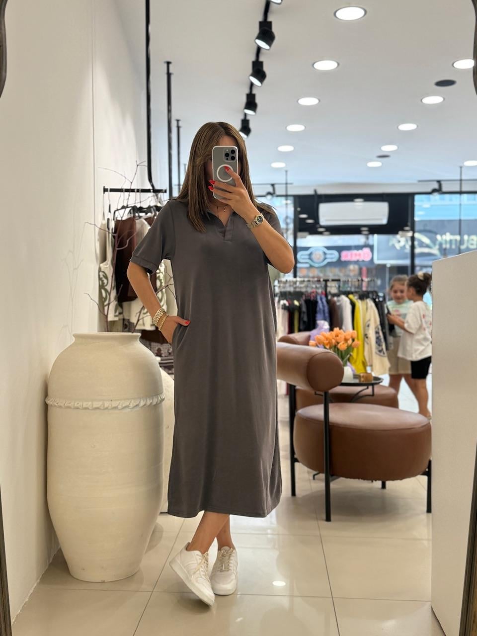 POLA YAKA BASİC ELBİSE TOPRAK