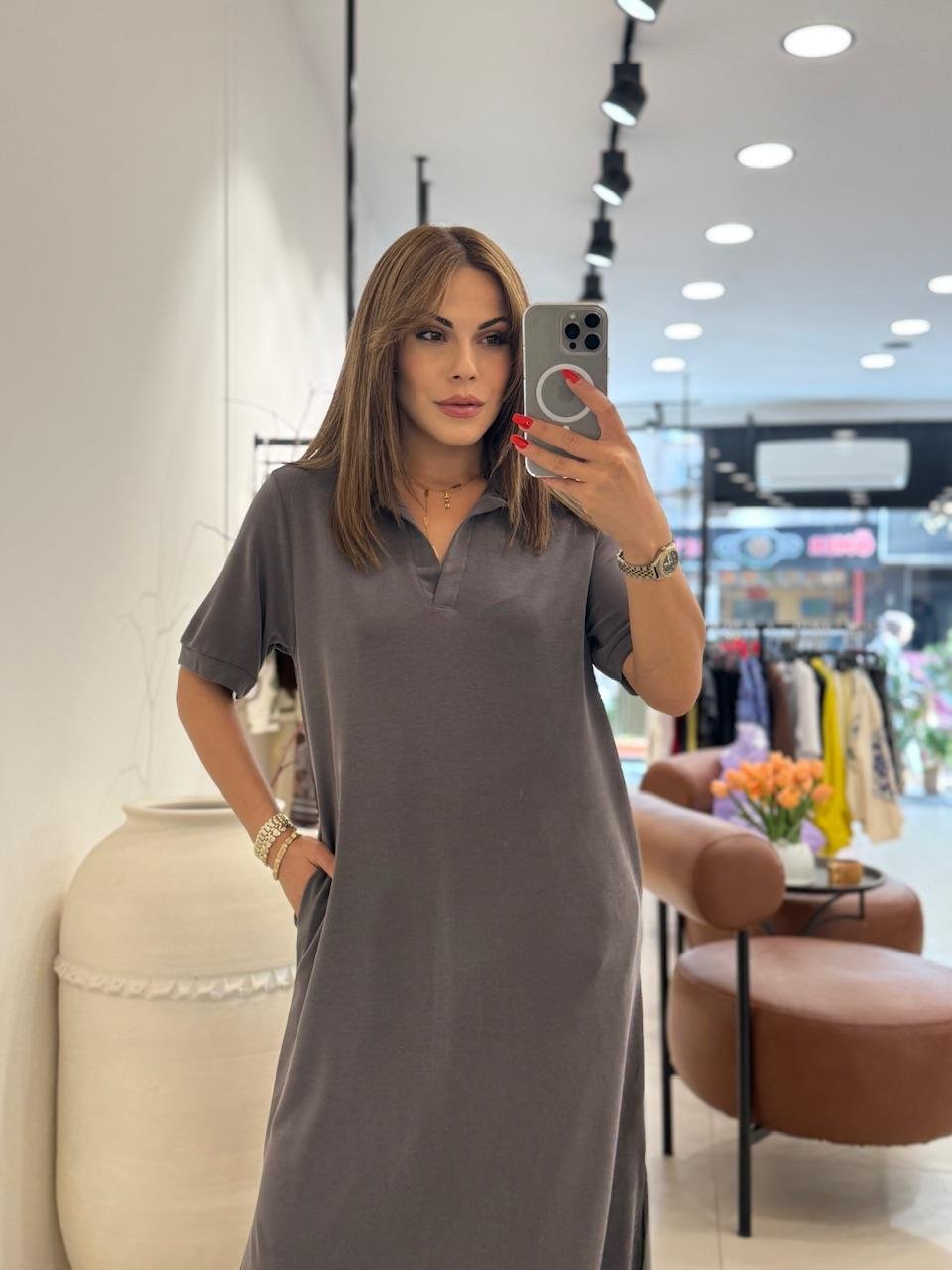 POLA YAKA BASİC ELBİSE TOPRAK