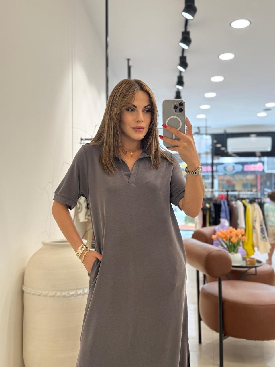 POLA YAKA BASİC ELBİSE TOPRAK