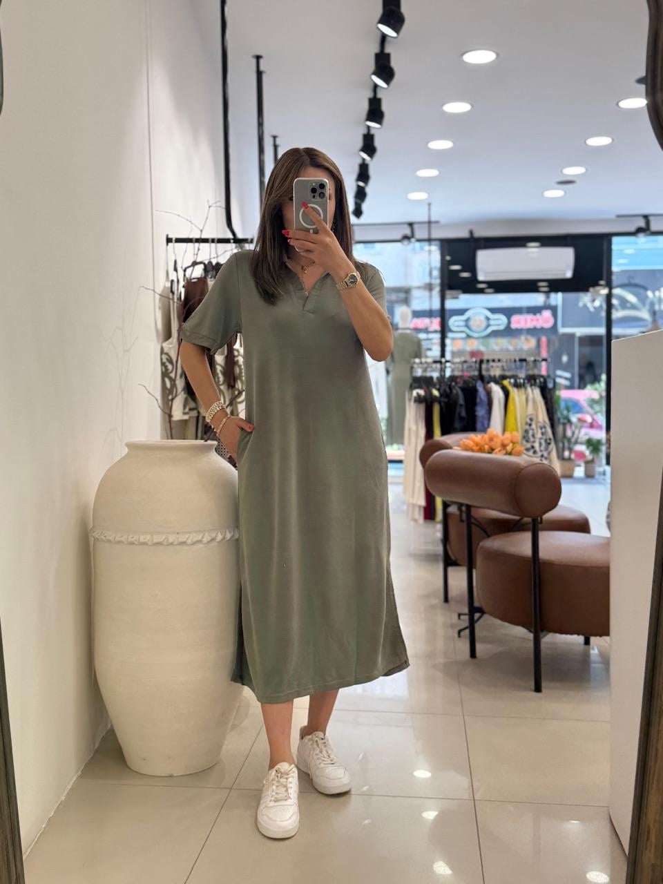 POLA YAKA BASİC ELBİSE YEŞİL
